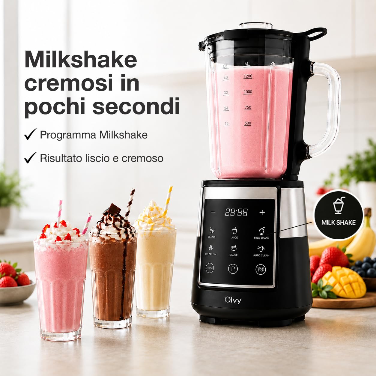 Olvy Frullatore Smoothie Maker 1500ml Vetro To-Go Timer LED 6 Lame-Black