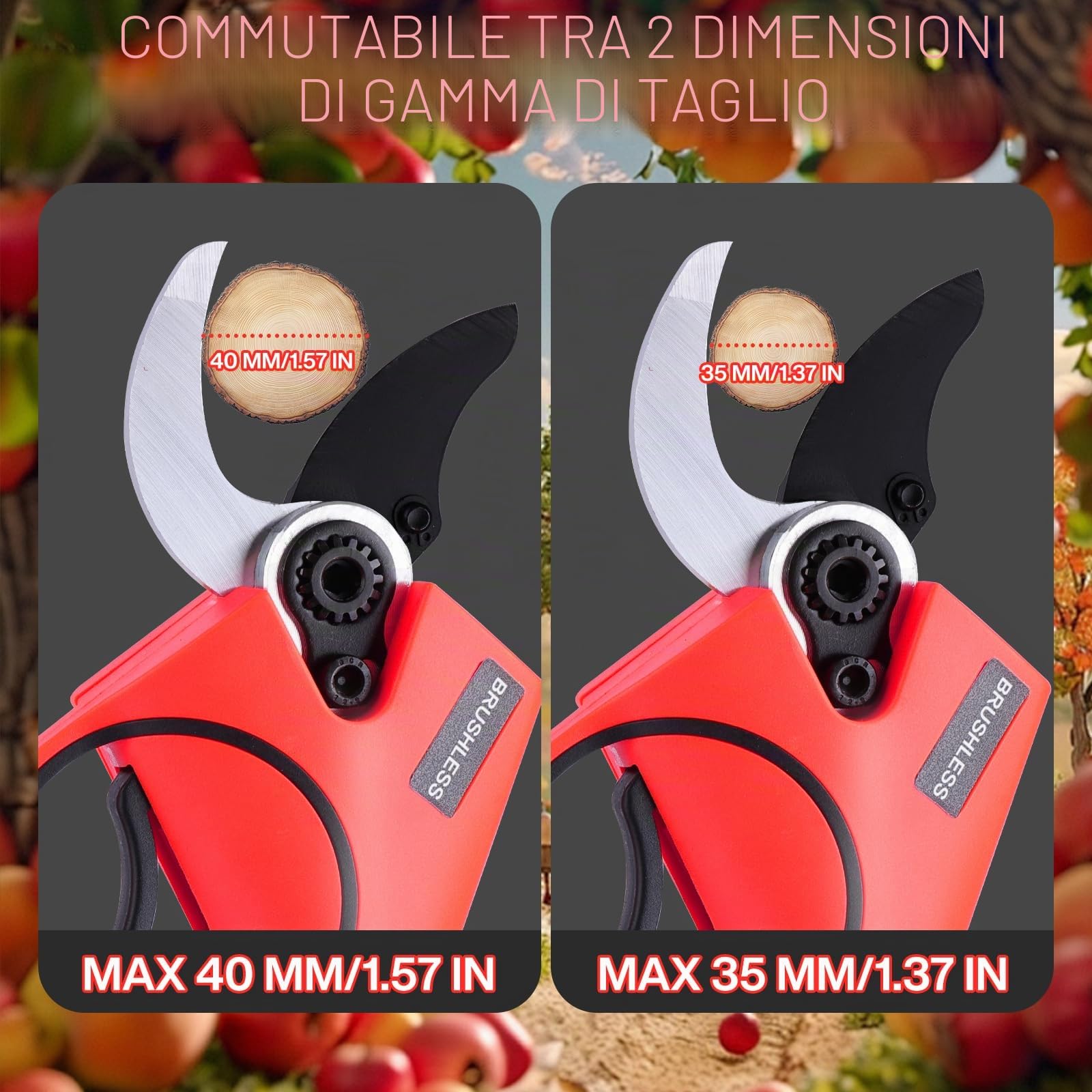 Forbici Potatura a Batteria 40 mm, Forbici Potatura Elettriche con 2x2000 mAh Batterie, Motore Brushless, Forbici Senza Fili per Giardino, Ulivi, Viti, Alberi da Frutto