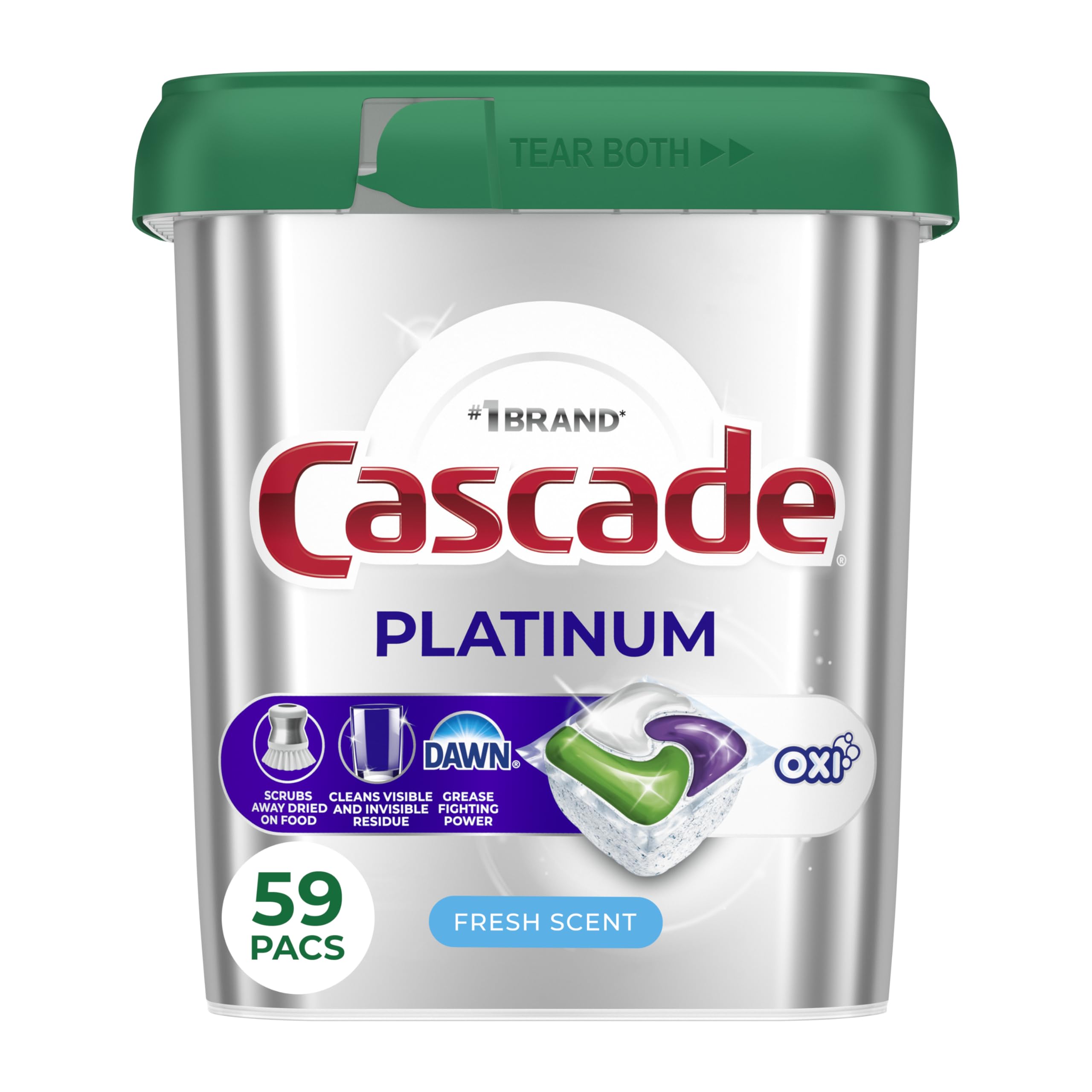Cascade Platinum + Oxi Dishwasher Pods, Dishwasher Detergent, Dish Detergent Soap, Fresh, 59 Count