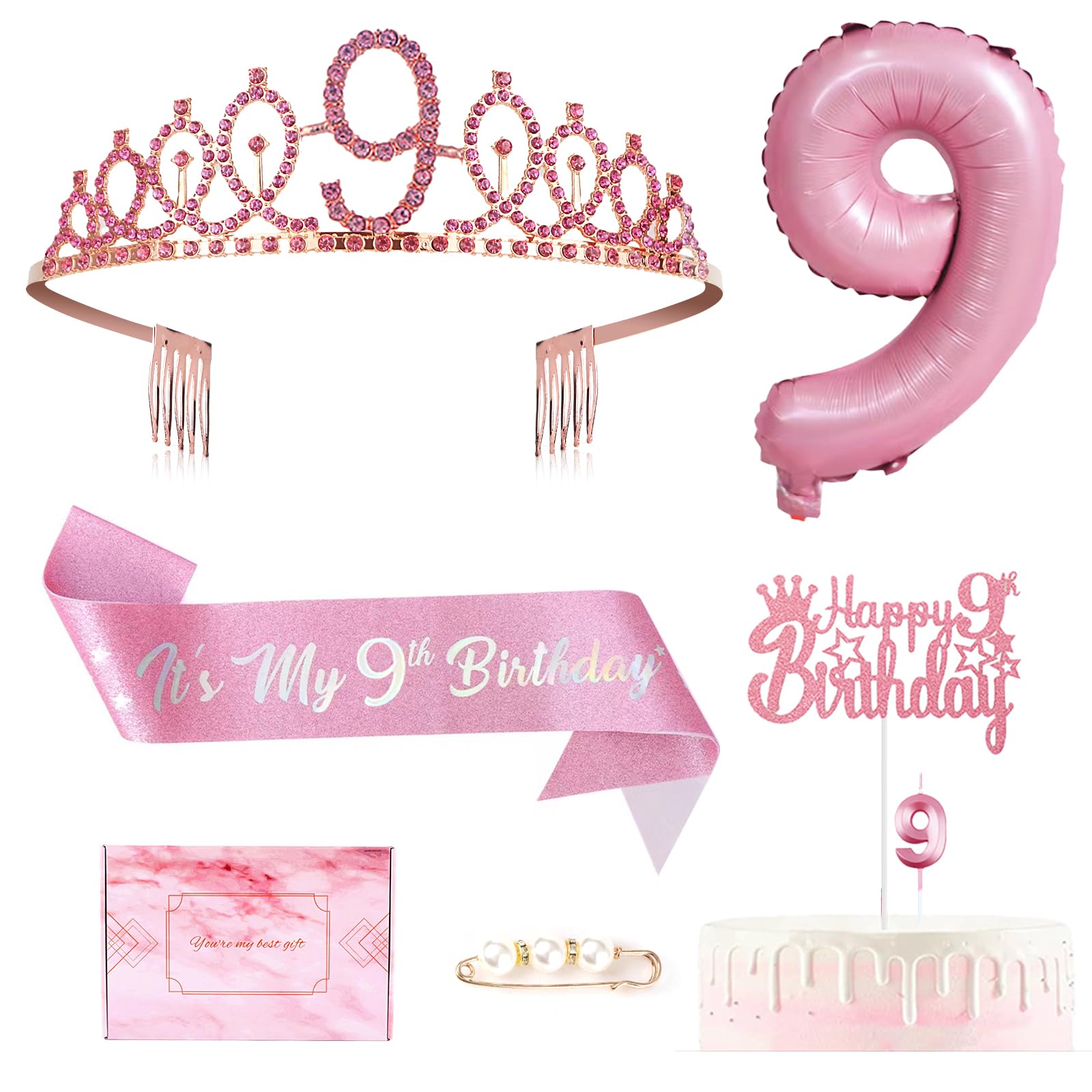 9th Pink Birthday Decorations for Girls Set, 9th Birthday Sash, Sweet Rhinestone Crown Tiara, Cake Topper, Numeral 9 Candle&Balloon,9 Year Old Gifts for Girl Party Favor Supplies