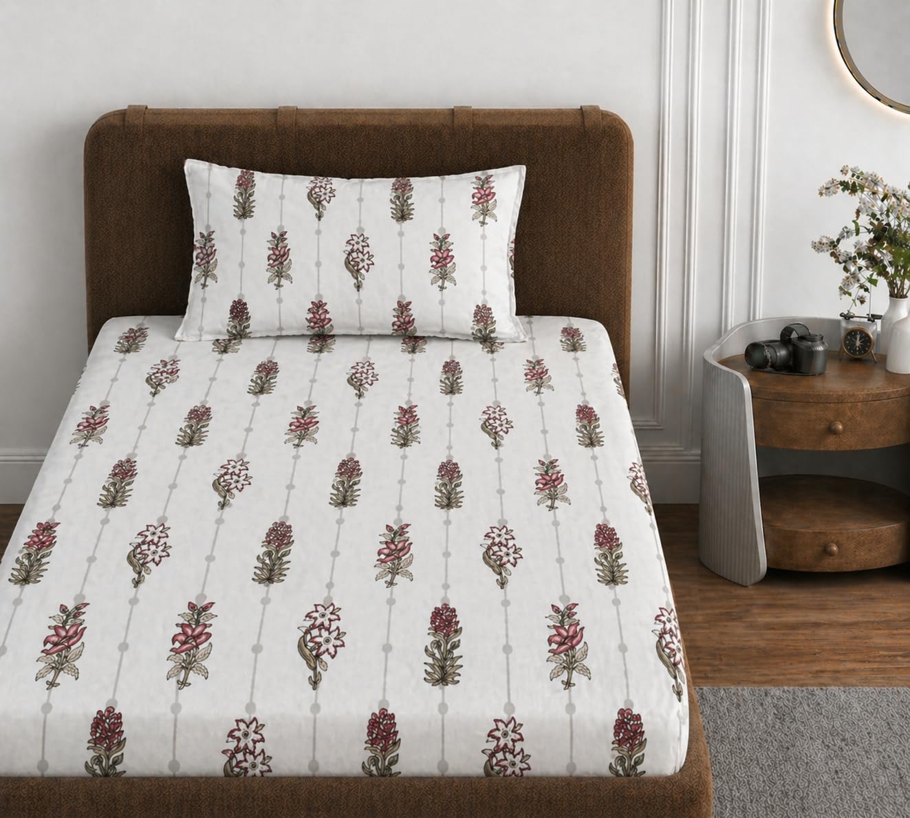 VOMZER 310 TC Cotton Feel All Around Elastic Fitted Bedsheets Single Size, Premium Fitted Bedsheets Single Size for Single Bed with 1 Pillow Covers, Size- 72” x 36” (Ivory Dot)
