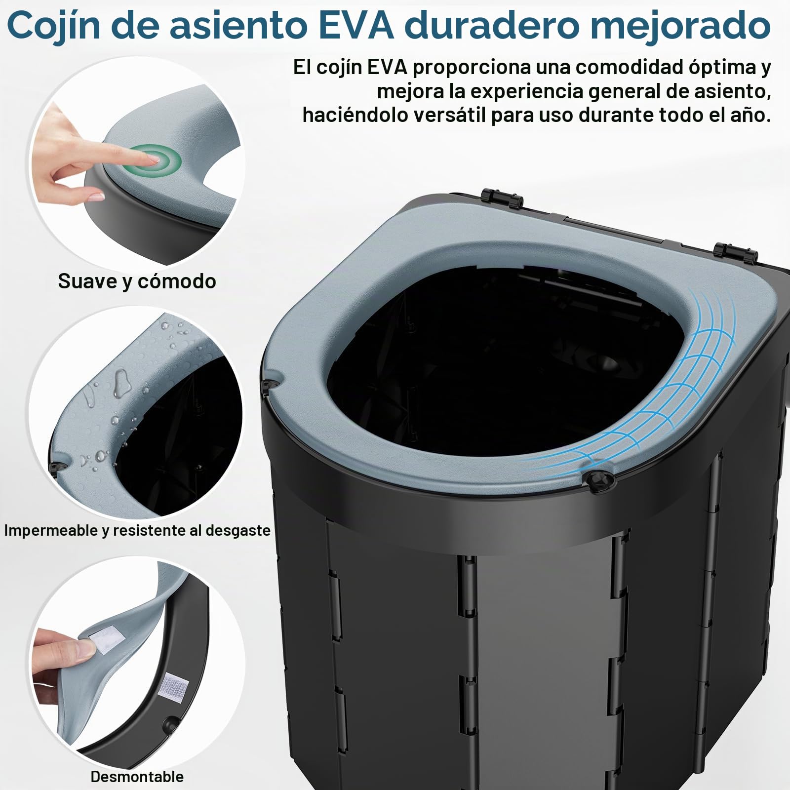 WADEO Inodoro portátil de camping y para coche con cómodo asiento de EVA, inodoro plegable para adultos, cubo higiénico con tapa integrada, portarrollos, soporte para el móvil y 20 bolsas