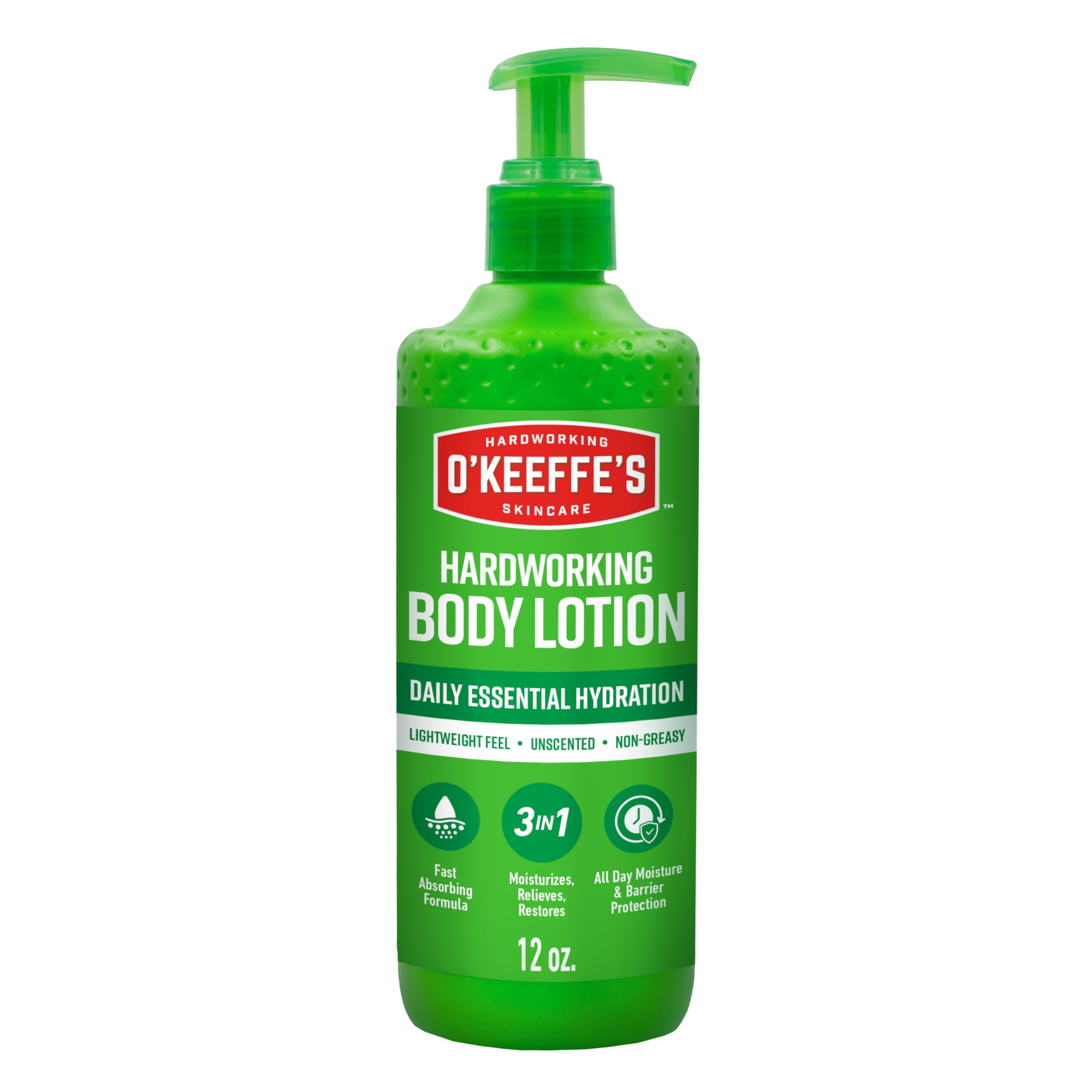 O’Keeffe’s Hardworking Body Lotion, Daily Hydration for Dry Skin, 12 oz Pump (1 Pack) Non Greasy & Unscented, Lightweight Fast Absorbing Formula