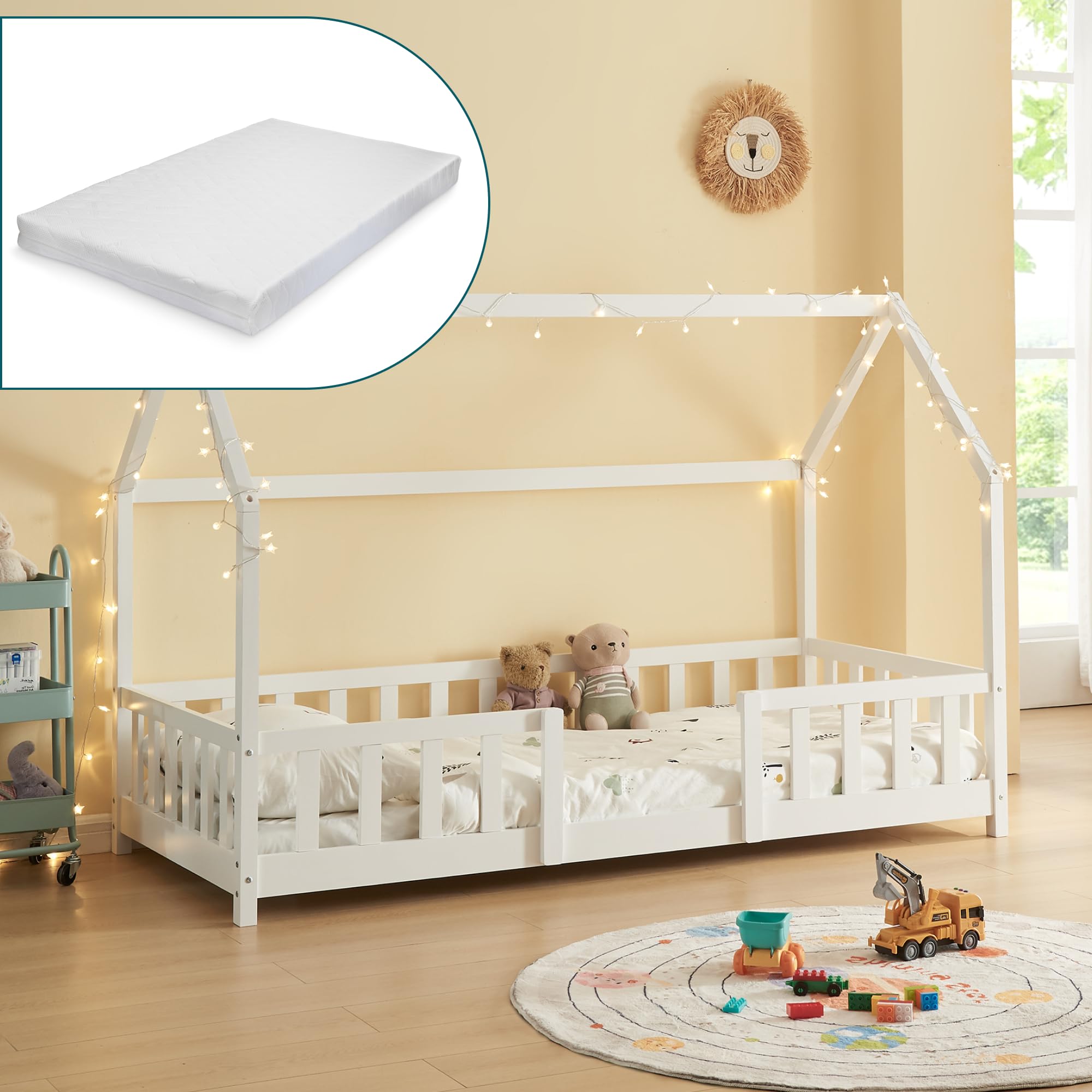 [en.​casa] Letto Singolo per Cameretta con Materasso a Schiuma Fredda 90 x 200 cm Letto a Casetta con Sbarre per Bambini Struttura in Legno di Pino - Bianco