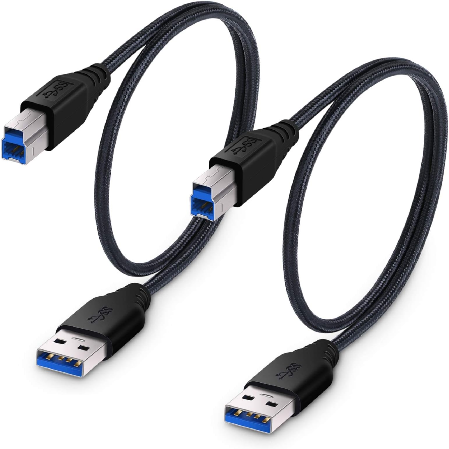 USB 3.0 Cable A-Male to B-Male [1.5ft/50cm] Short Cable Braided Cord- 2Pack, Black