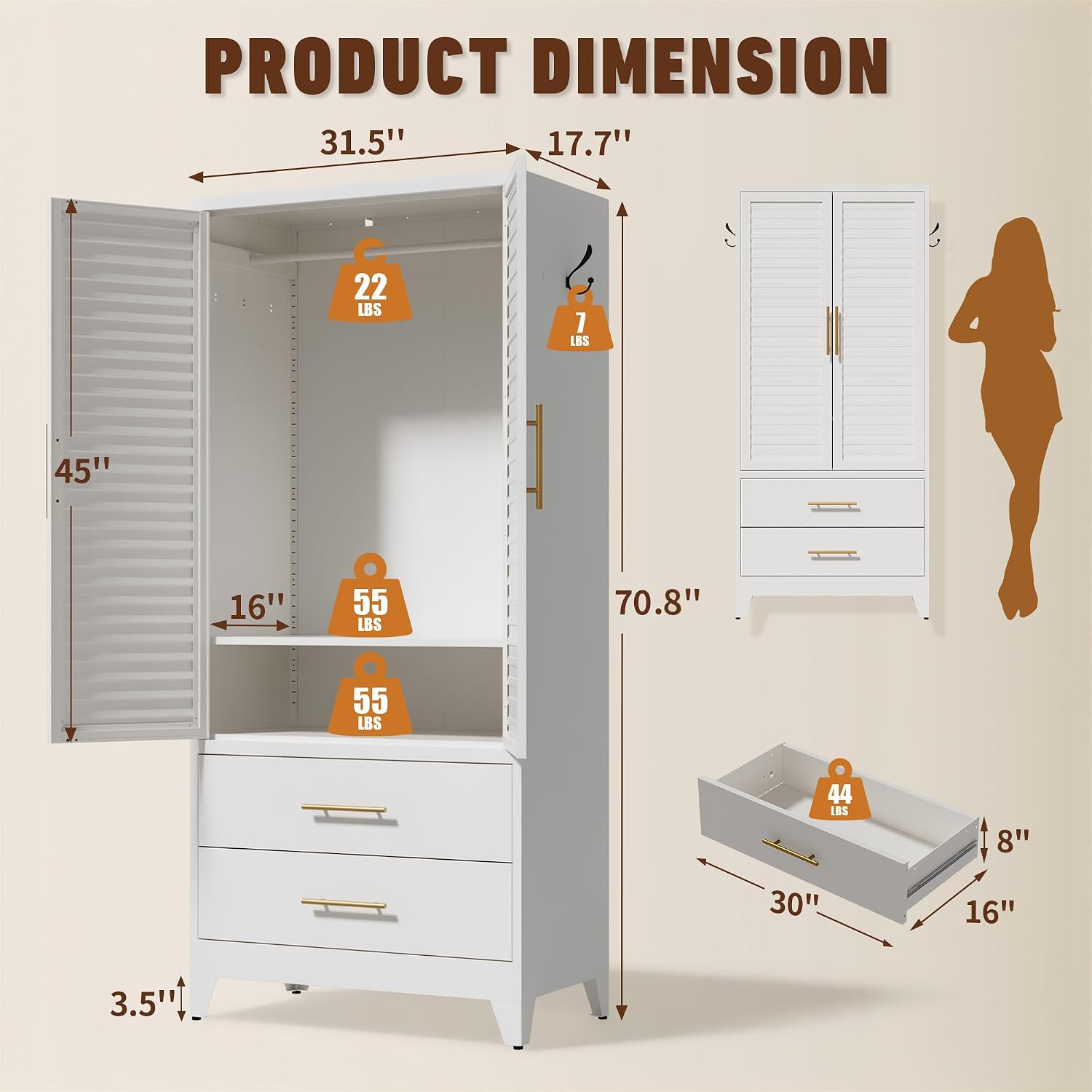 Metal Armoire Wardrobe Closet with 2 Doors of Louvered Design and 2 Drawer, 71" Tall Clothes Cabinet with Adjustable Shelves & Hanging Rod,Storage Locker Cabinets for Bedroom Office,Gym