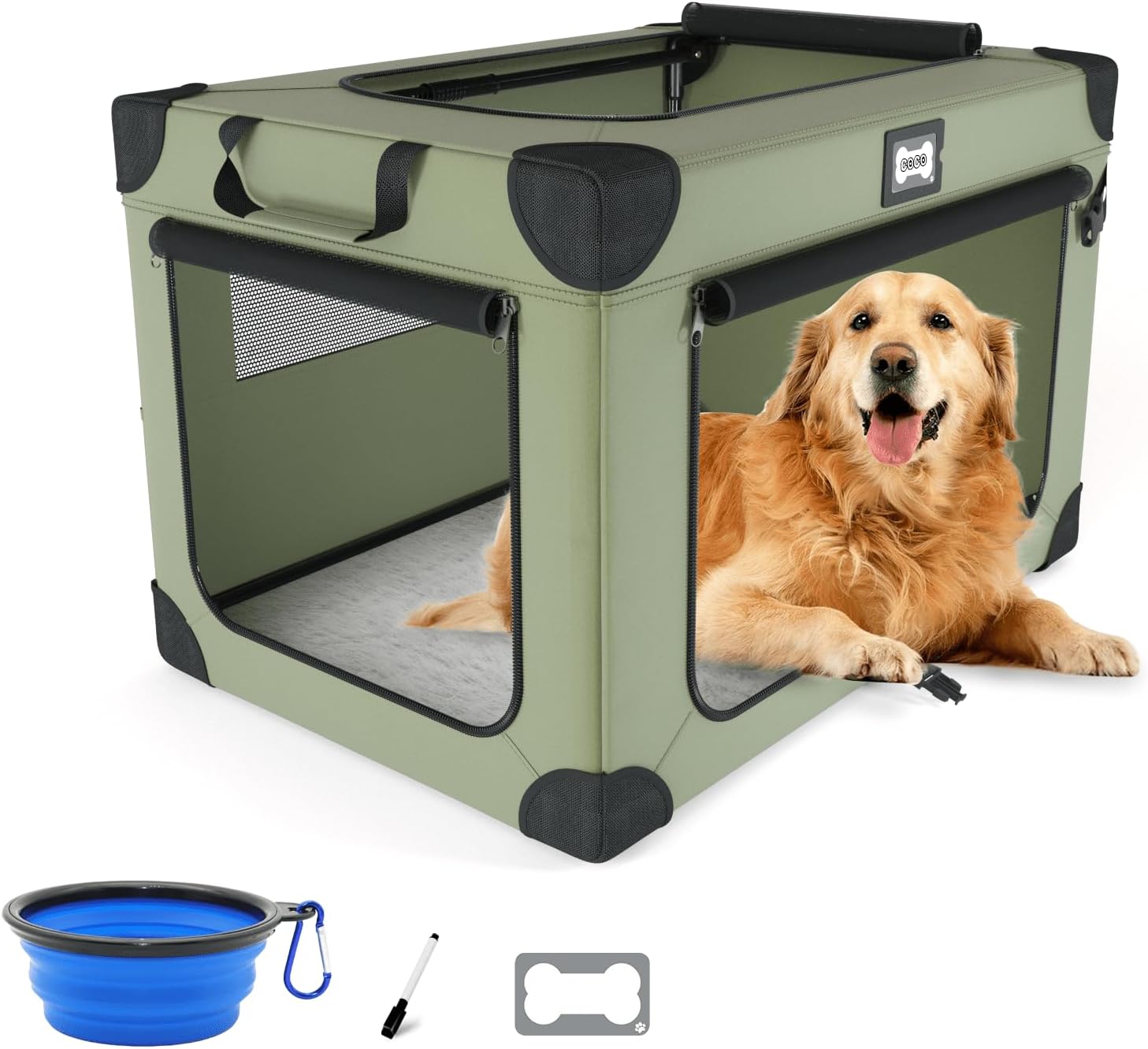 42 Inch Collapsible Dog Crate, Portable Dog Travel Crate for Large Dogs, Oxford Fabric Pet Carrier with 3 Mesh Doors, Plush Mat and a Foldable Bowl for Indoor & Outdoor, Green