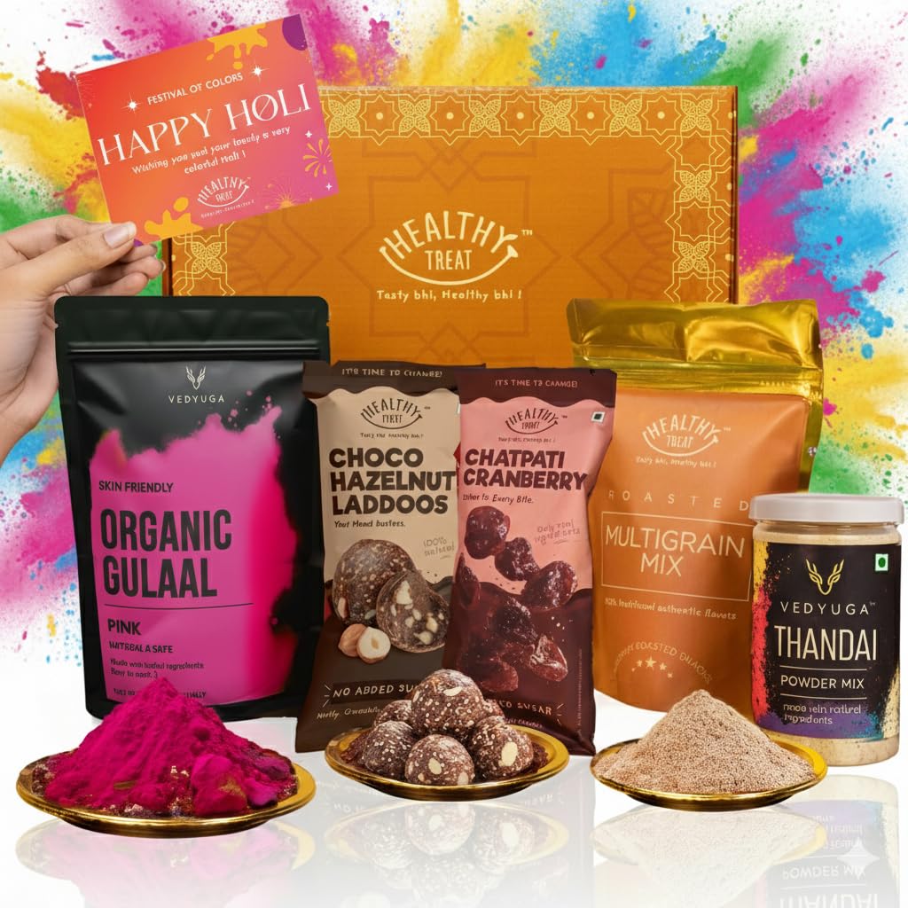 Healthy Treat Eternal Holi Gift Hamper | Roasted Healthy Snacks, Thandai Mix, Hazelnut Laddoo, Herbal Gulal & Holi' Greeting Card | Perfect Holi-Gift's for Family & Friends