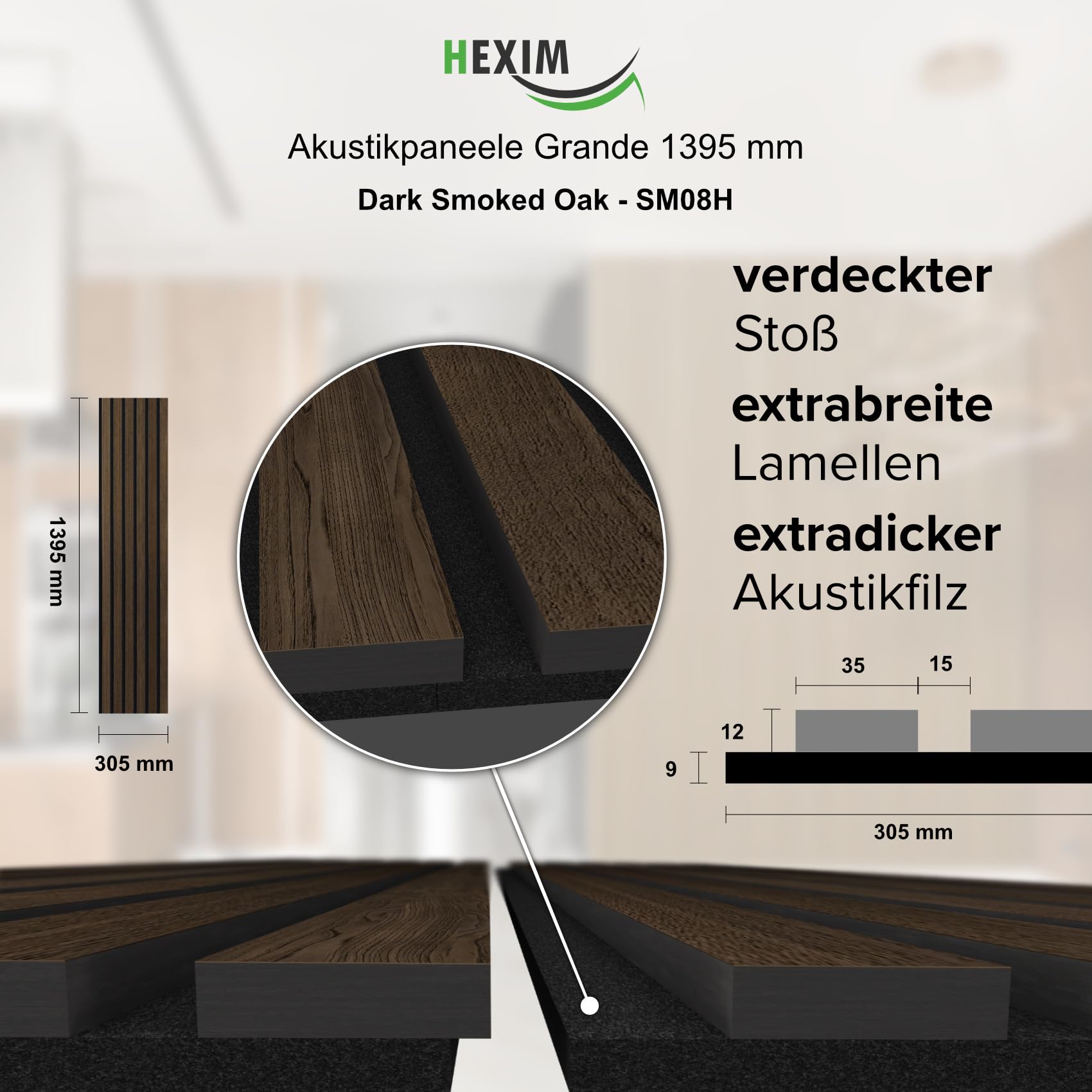 HEXIM Akustikpaneele 2 Stück 140x30cm Holz Grande - Wandpaneele Platten Lamellen Holzpaneele Echtholzfurnier 21mm Filz Schalldämmung MDF Braun (0,84m² Dark Smoked Oak)