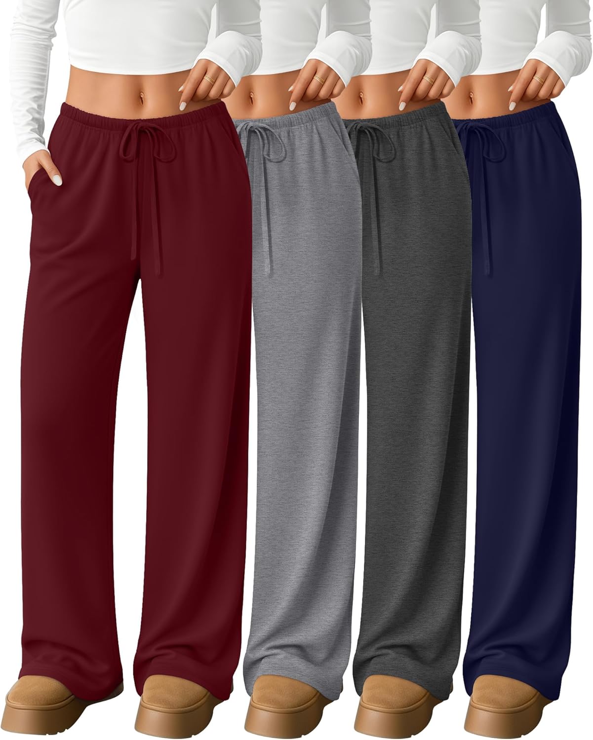 4 Pack Women's Lounge Pants Comfy Wide Leg Yoga Pant Drawstring Loose Baggy Sweatpants Open Bottom with Pockets