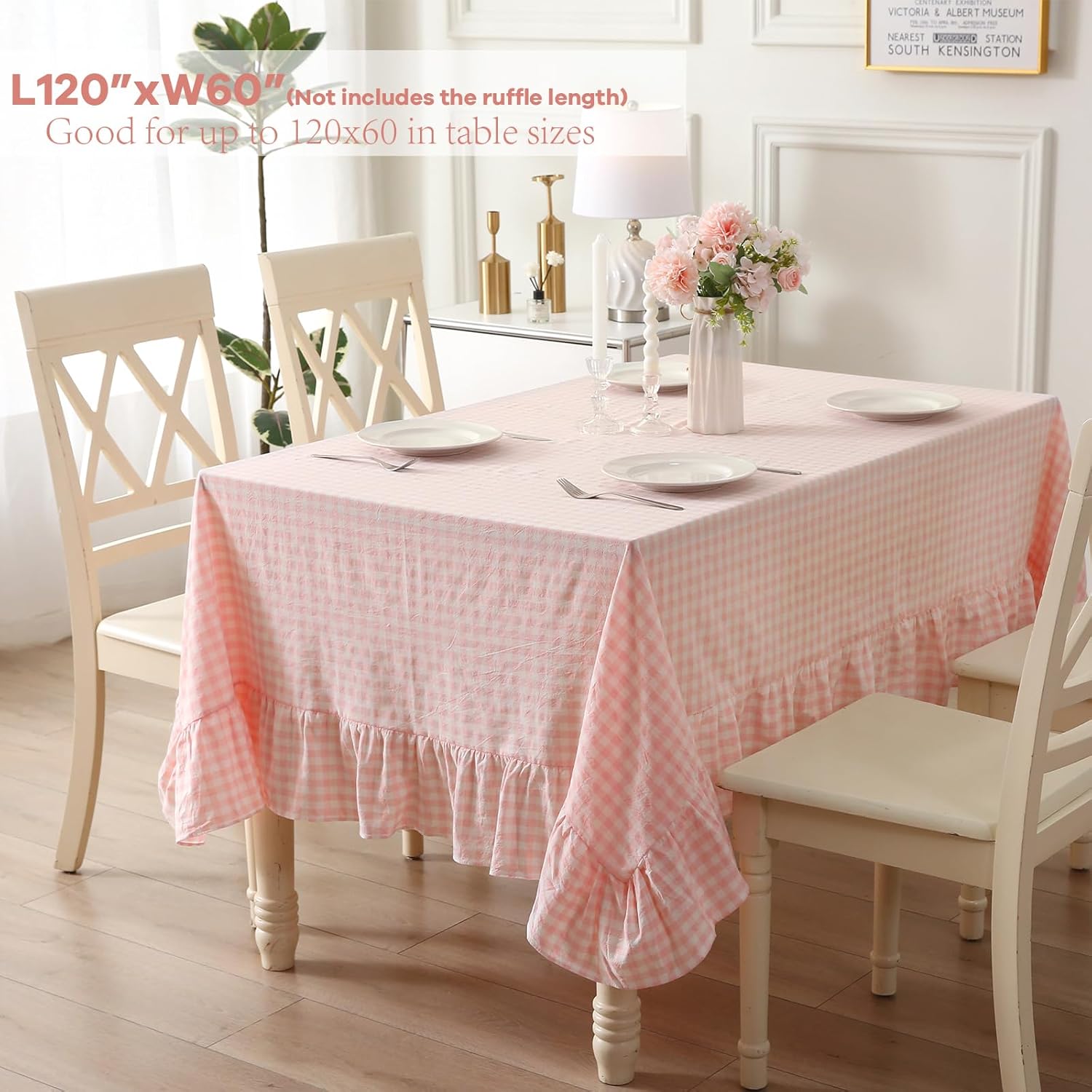 Blush White Plaid Ruffled Table Cloth Rectangular for Seat 8-10, 100% Washed Cotton Buffet Cottage Coquette Checker Gingham Vintage Decorative Tablecloth - 120"x60"
