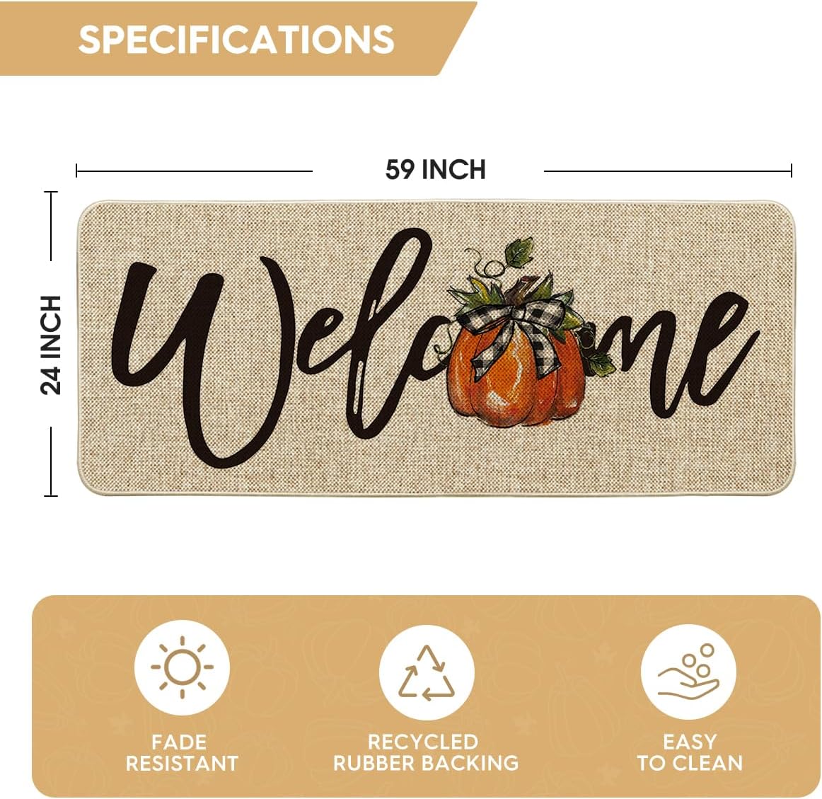 Artoid Mode Bow Tie Pumpkin Fall Welcome Doormat, Autumn Home Decor Low-Profile Runner Rug Door Mat for Indoor Outdoor 24x59 Inch