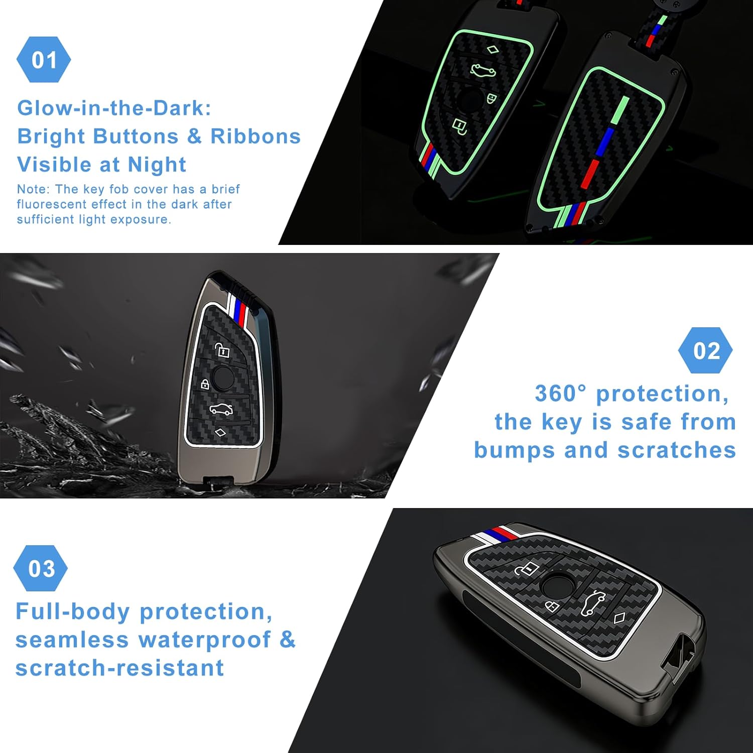 for BMW Carbon Fiber Pattern Key Fob Cover Metal Shell Case Compatible with BMW X3 X5 X1 X7 X6 X2 X4 3 5 2 7 8 Z4 6 Series Accessories, 3/4-Button