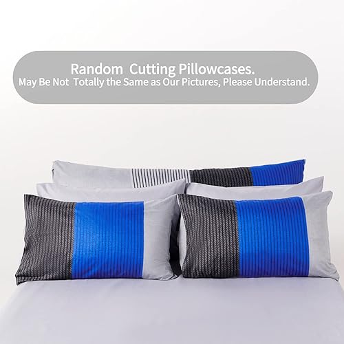 Miniatura 6 de RYNGHIPY Juego de edredón de 8 piezas a rayas azules y grises tamaño King, edredón de microfibra ultra suave con relleno de retazos, sábanas y