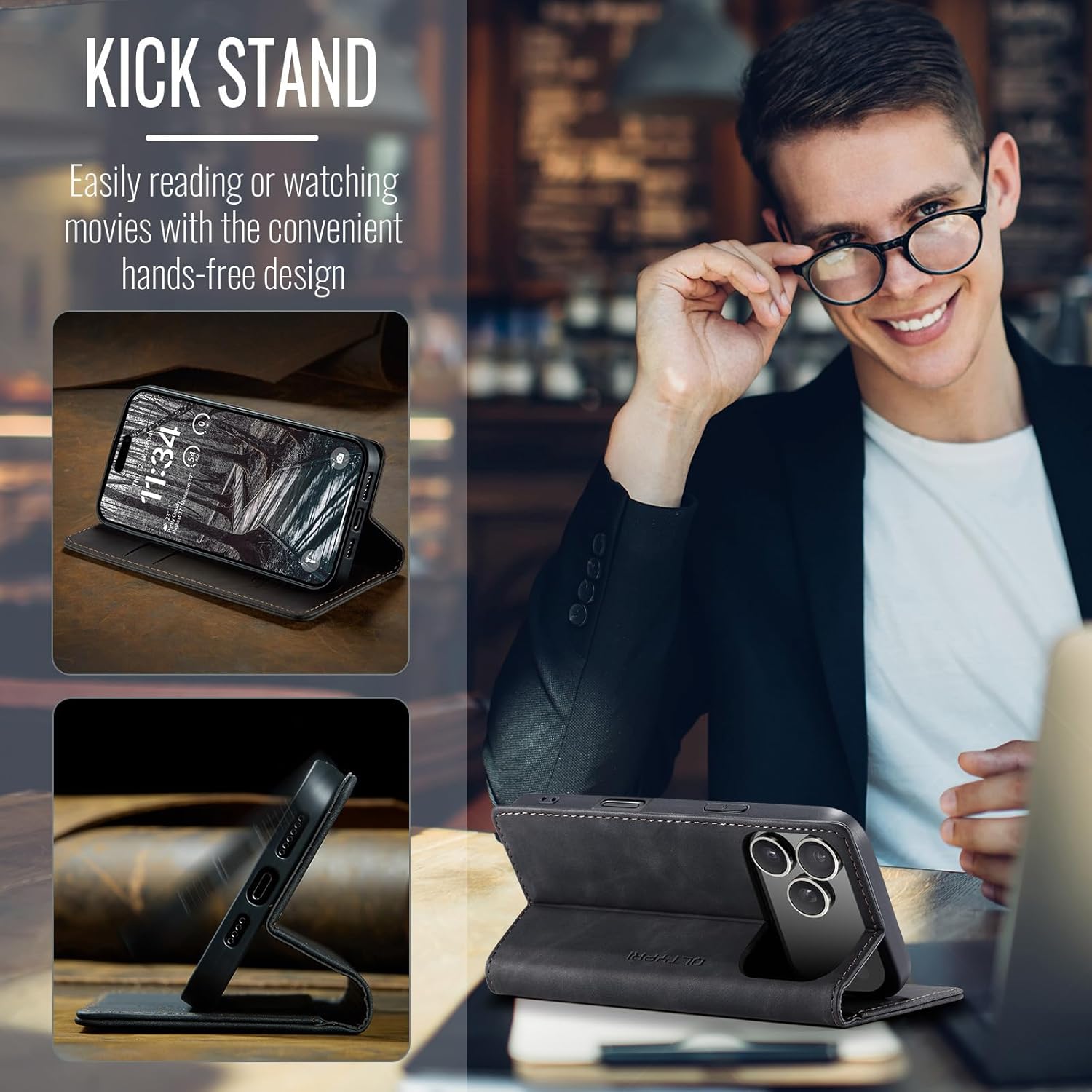 QLTYPRI for iPhone 17 Pro Case Wallet with Card Holder, Vintage PU Leather Kickstand Magnetic Closure Shockproof Folio Book Cover Case for iPhone 17 Pro - Black - Image 4