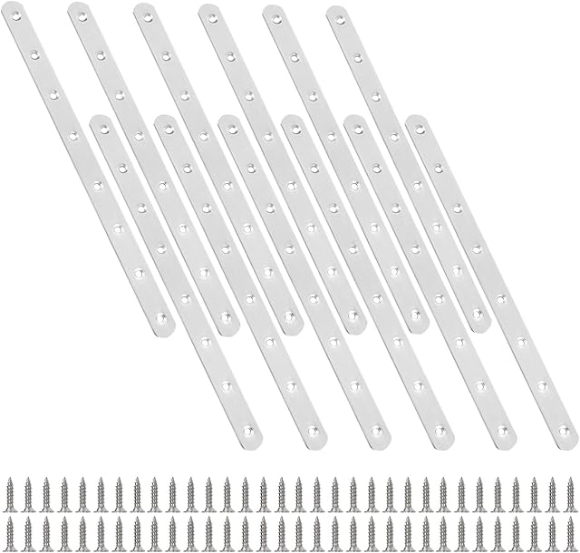 JMIATRY 12 Pcs Mending Plates, Metal Straight Brackets for Wood, 295mm Stainless Steel Sleeper Brackets with 120 Pcs Screws, Heavy Duty Flat Sleeper Fixings Metal Plate for Furniture Repair