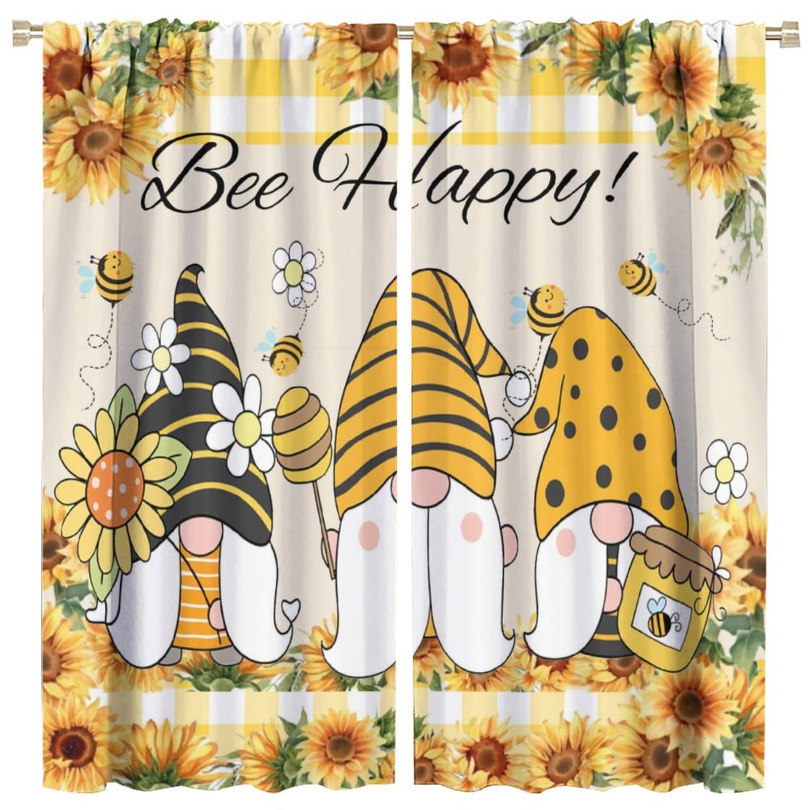Gnome Bee Curtains Daisy Sunflower Flower Curtains Yellow Buffalo Pattern Printed Curtains Bedroom Living Room Decoration Blackout Curtains W42 * L45 Inch