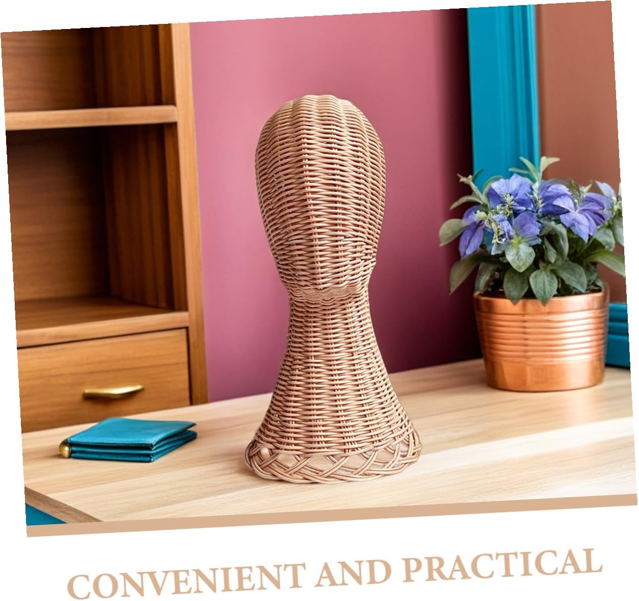Zerodeko Freestanding Rattan Woven Hat Stand Decorative Hat Display Table Holder for Bonnets Fedoras Wigs Stable Rack for Home and Shop Use