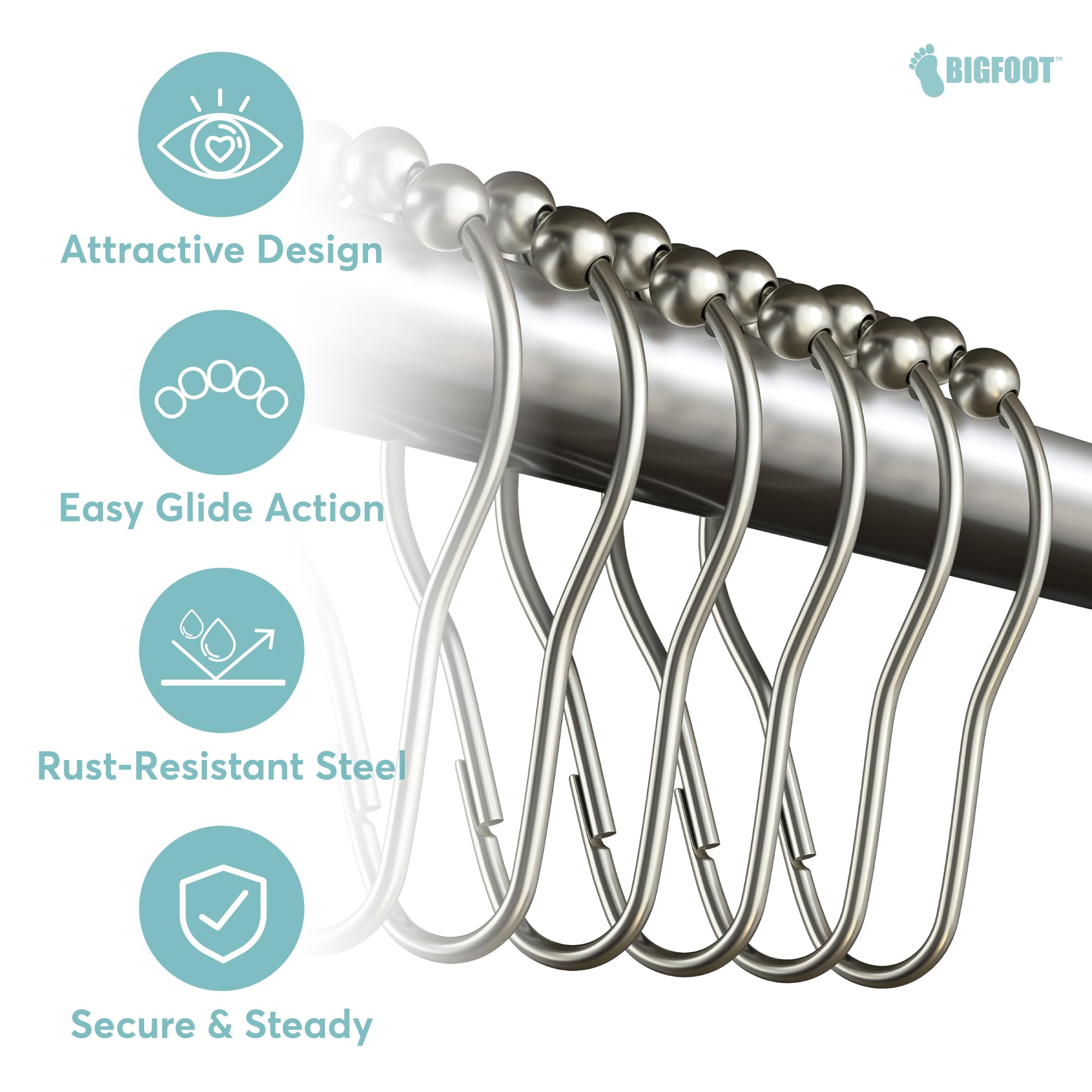 BigFoot Stainless Steel Shower Curtain Hooks - 12 Pack, Rust Resistant, Easy Glide, Fits Standard Rods Up To 72" - View #4