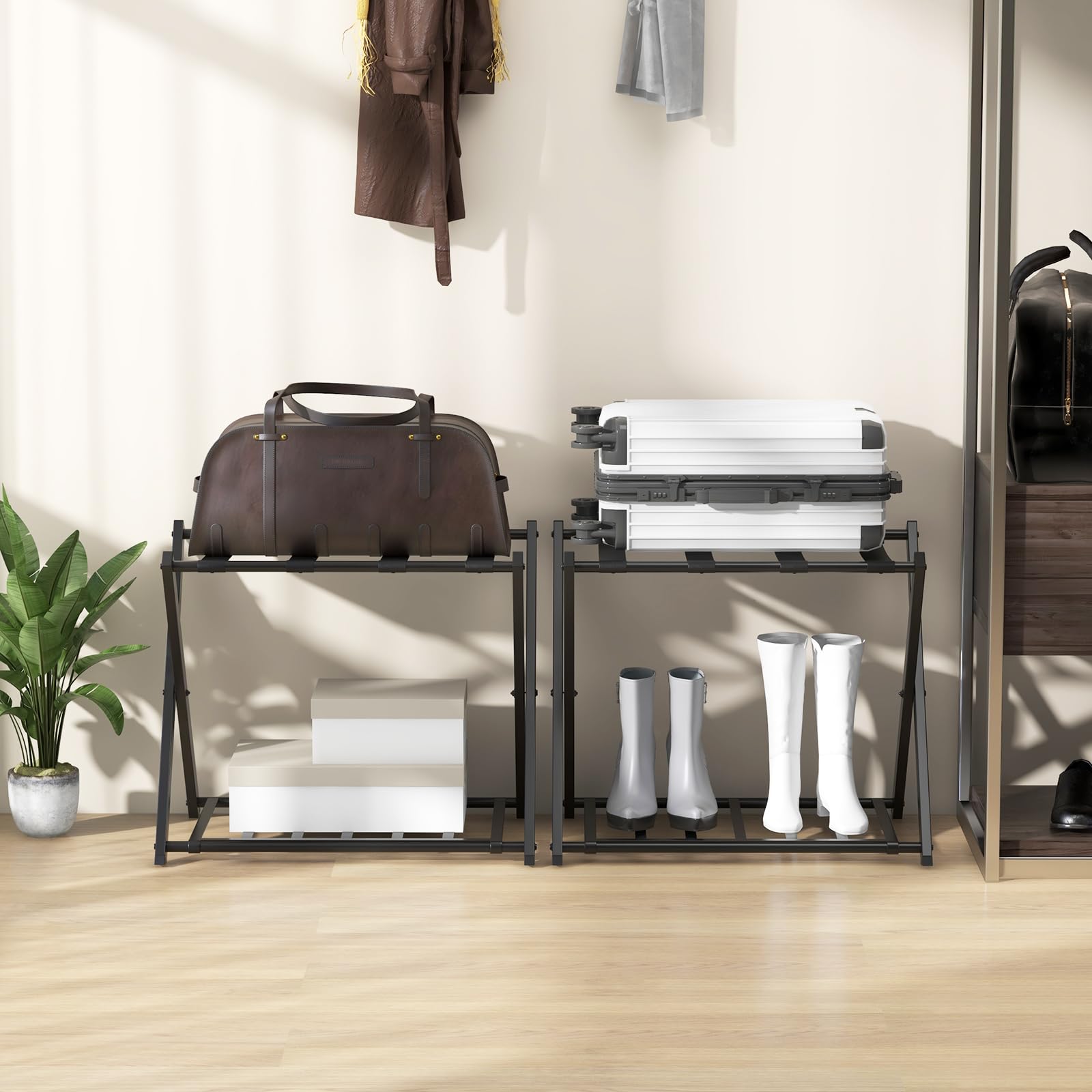COSTWAY Portavaligie Pieghevole a 2 Ripiani in Metallo 68x43x56 cm Nero