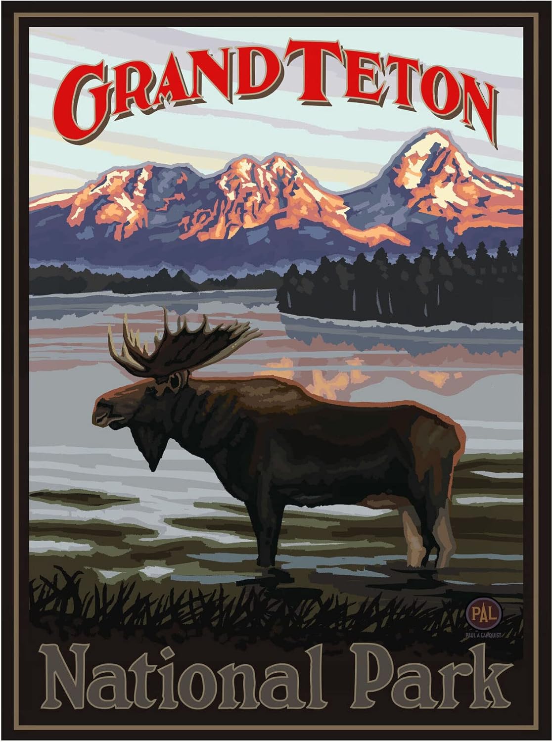 Grand Teton National Park Moose In Lake Giclee Art Print Poster from Travel Artwork by Artist Paul A. Lanquist 18" x 24"