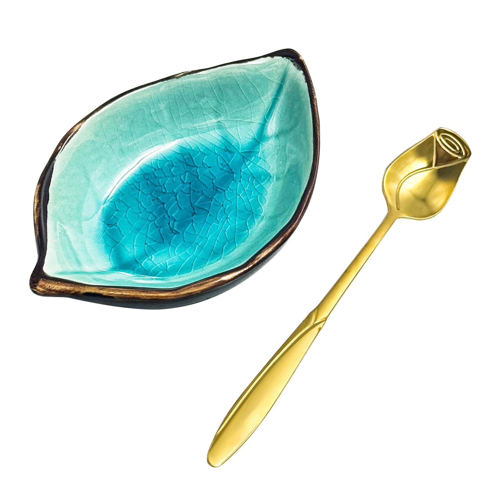 Coffee Spoon Rest, Ice Cracks Leaf Small Spoon Holder for Stove Top, Teaspoon Rest for Kitchen Counter, ceramic utensil holder for Coffee Bar Accessories(Ice Cracks Lake blue with Gold Rose Spoon)