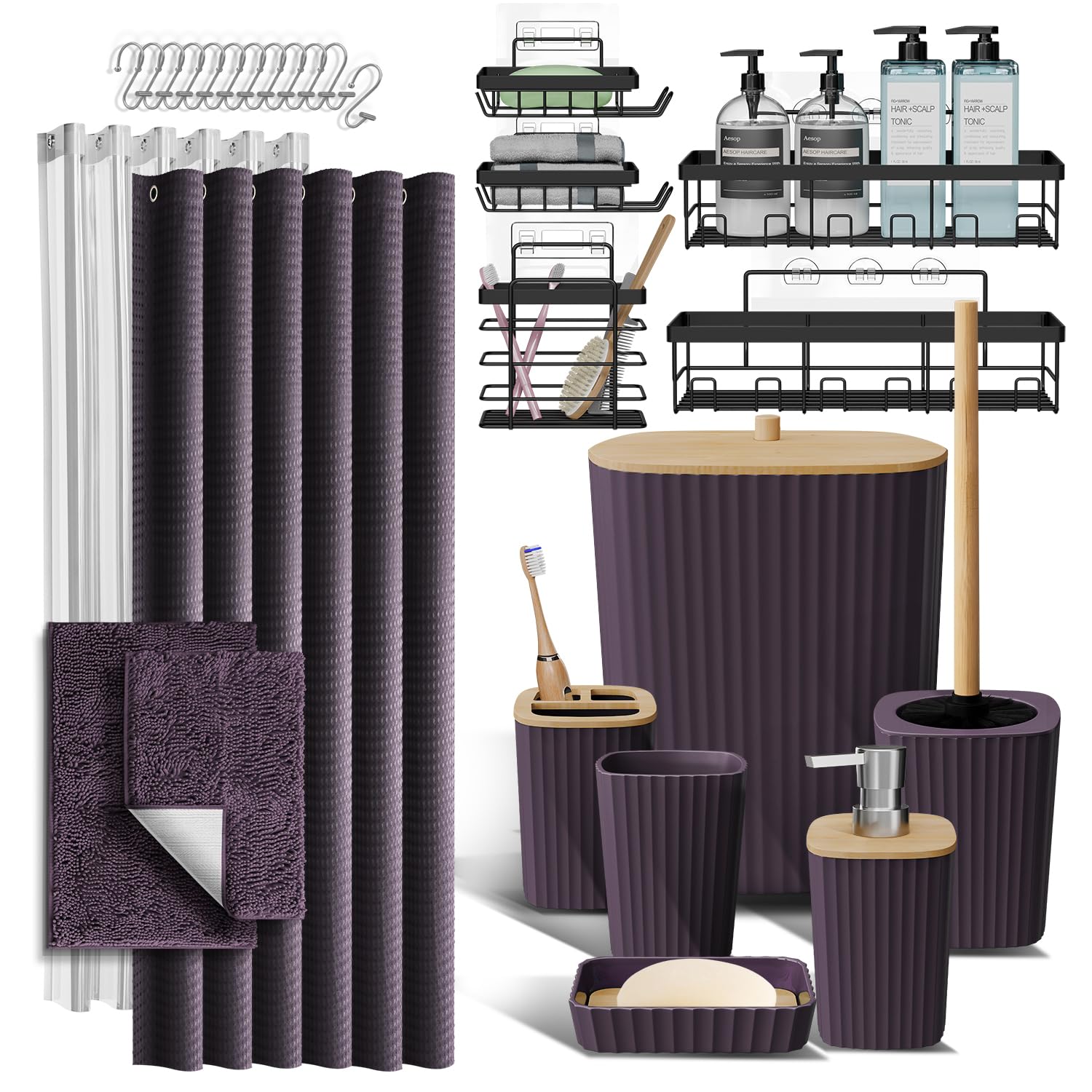 Shower Caddy and Bathroom Accessories Set with Bath Rugs 27PC Bathroom Accessory Set with Shower Caddies Purple Bath Rugs, Shower Curtain Set, Toilet Brush Trash Can, Soap Dispenser, Toothbrush holder