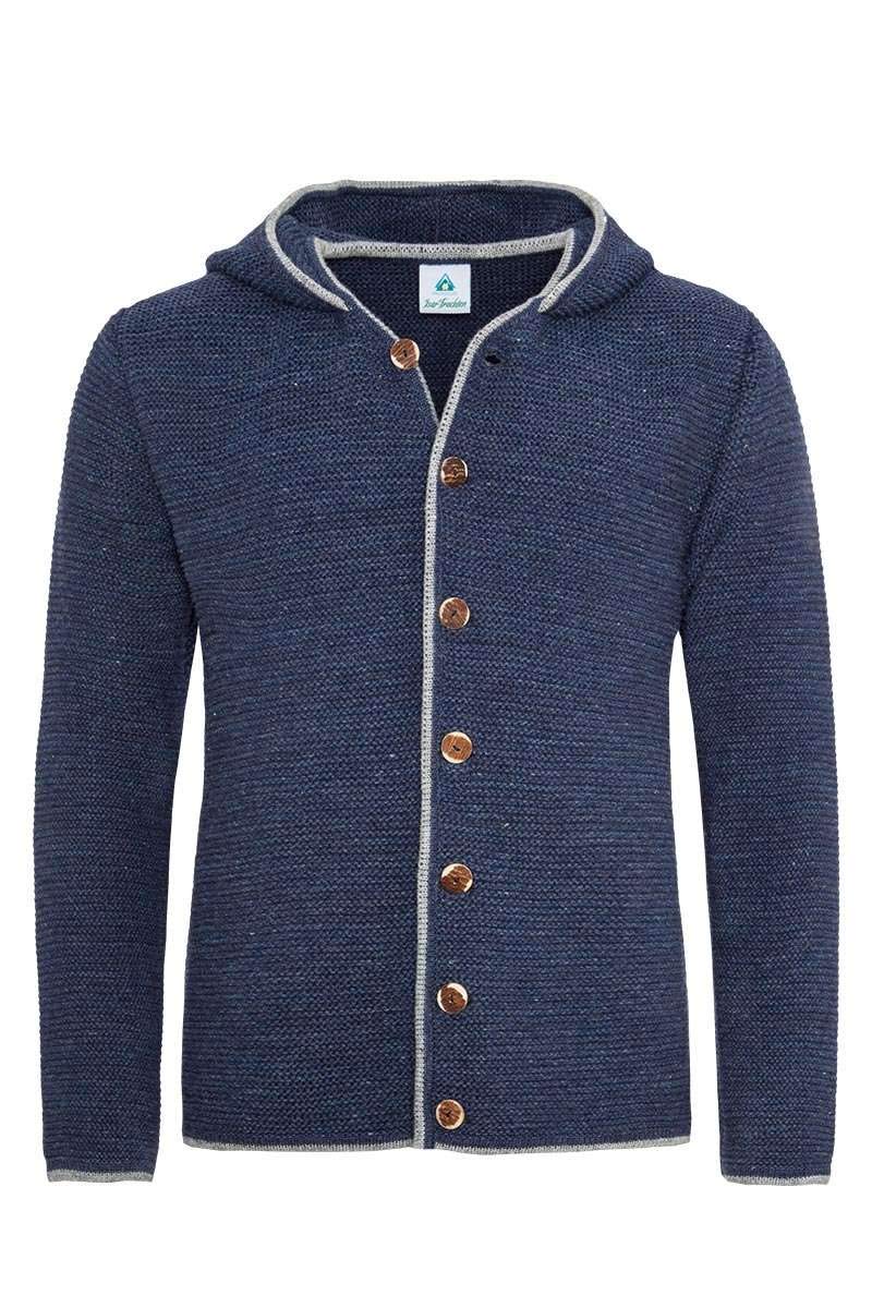 Isar-Trachten Herren Herren Trachtenstrickjacke mit Kapuze Jeansblau, Jean