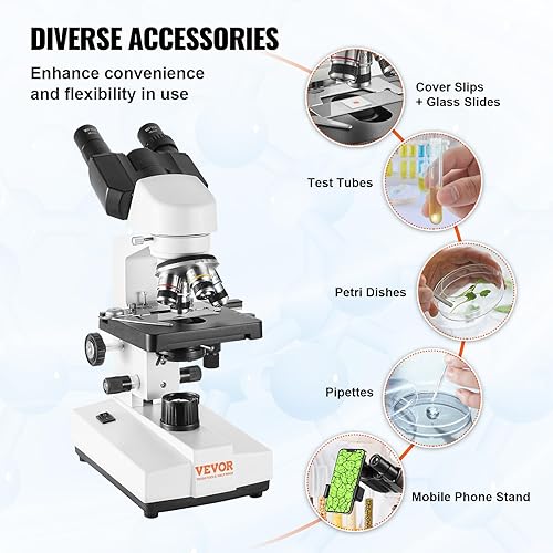 Miniatura 5 de VEVOR Microscopio compuesto binocular, aumento 40X-2500X, microscopio binocular para adultos con iluminación LED, incluye soporte para teléfono y