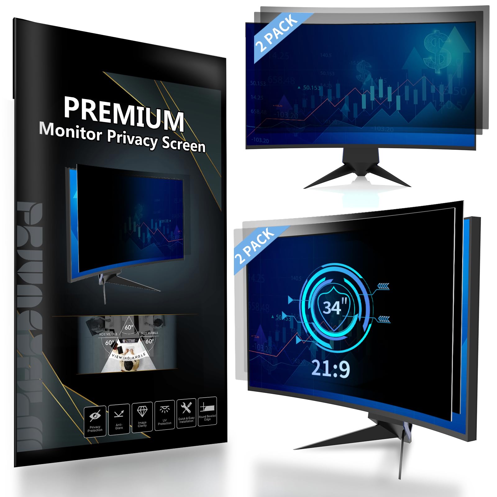 34 inch curved computer privacy screen filter for 21:9 widescreen computer monitor screen protector computer screen privacy shield anti glare and blue light (2-pack)