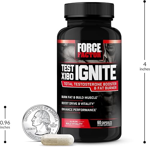 Miniatura 9 de FORCE FACTOR Test X180 Ignite, potenciador de testosterona y quemador de grasa para hombres, suplemento de testosterona para quemar grasa,