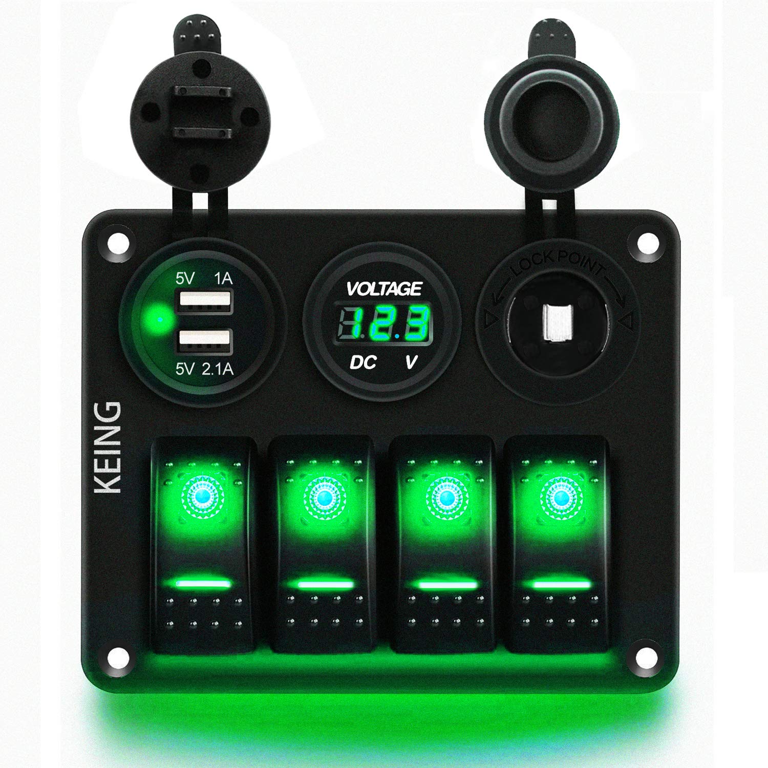 4 Gang Waterproof Rocker Switch Panel Green Backlit 12V 24V LED Digital Voltmeter Dual USB Charger 12v Flush Car Charger Adapter Socket Overload