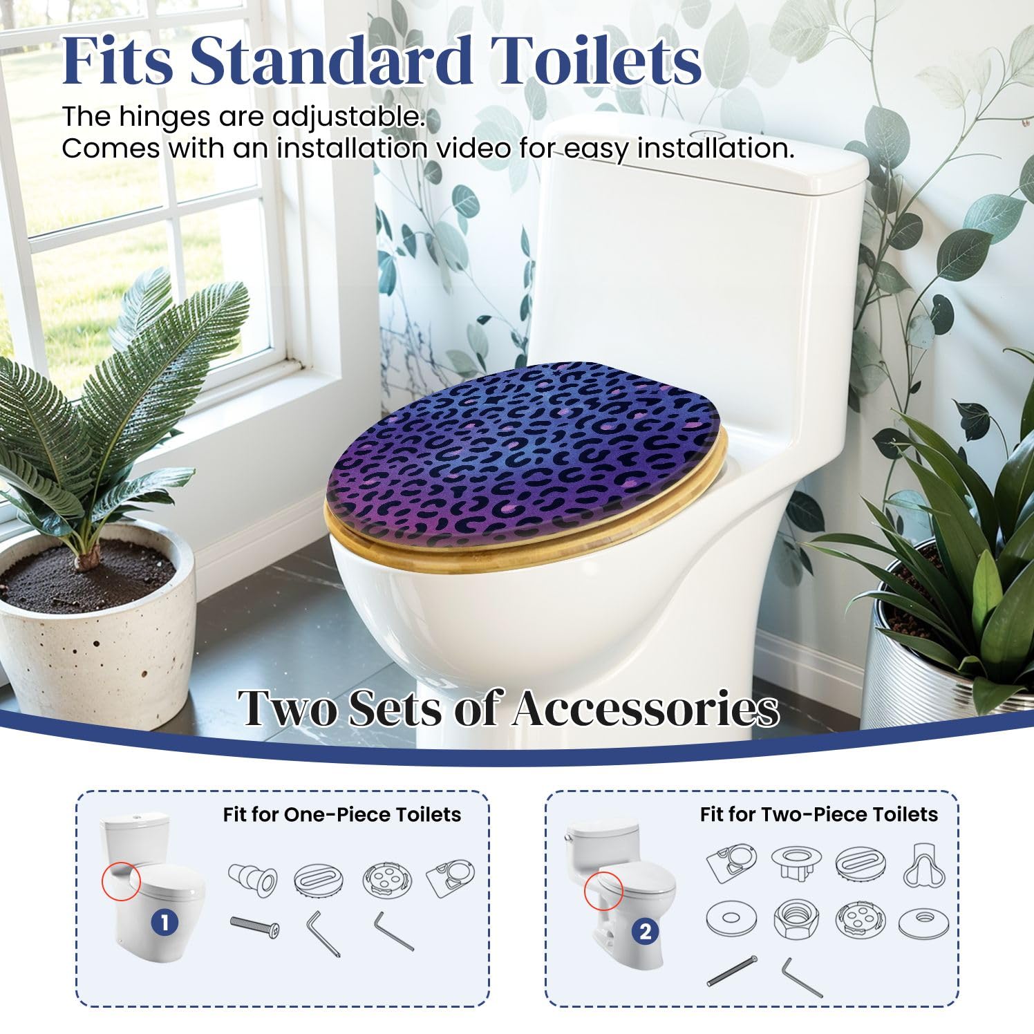 Asiento De Inodoro Decorativo Alargado De Madera para Baño, con Estampado De Piel De Animal Azul Y Rosa, Tapa De Cierre Suave Y Silencioso, Bisagras De Liberación Rápida, con Topes, Fácil De