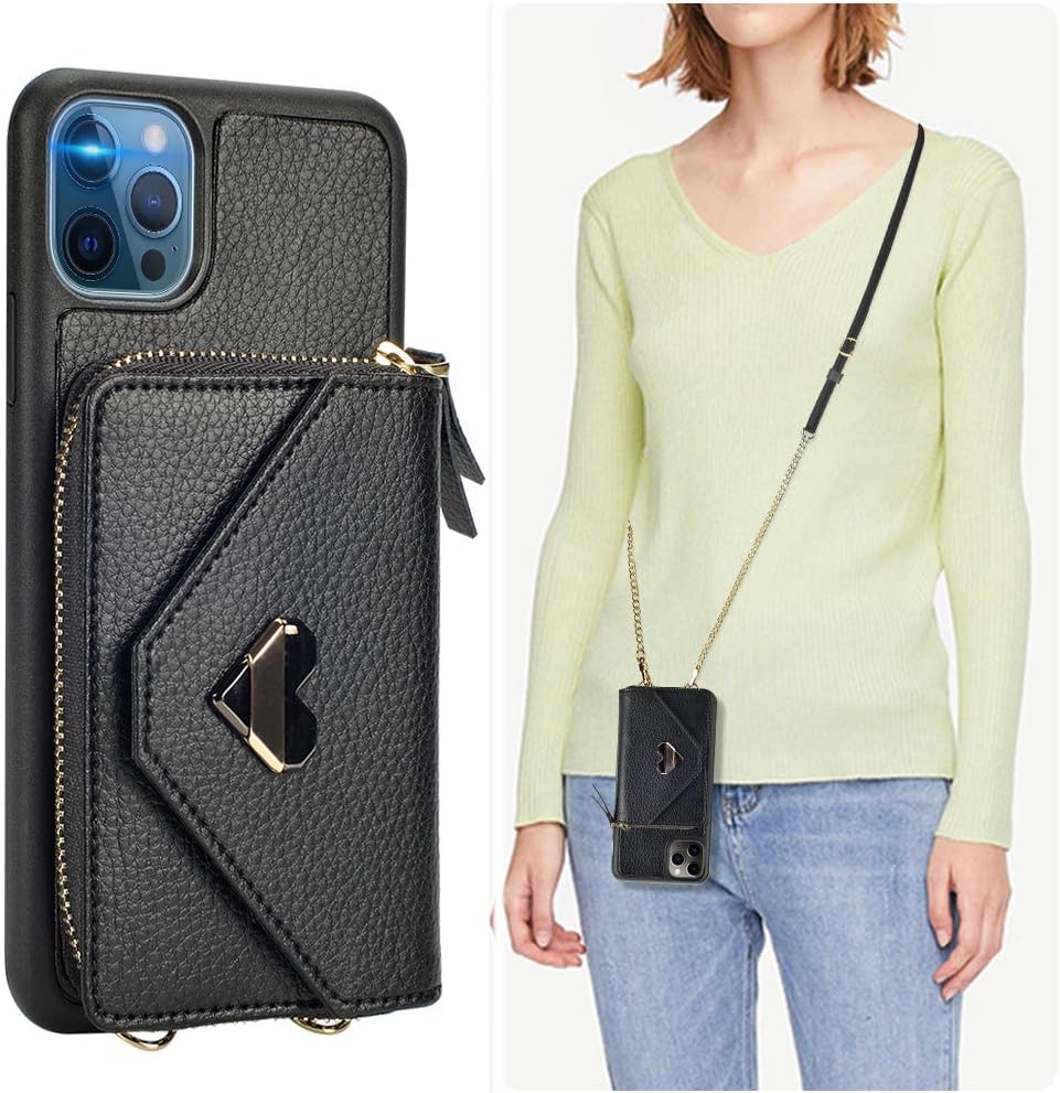 JLFCH Wallet Case for iPhone 12 Pro Max, iPhone 12 Pro Max Crossbody Case with Zipper Credit Card Holder Wrist Strap Lanyard Purse Compatible with iPhone 12 Pro Max (2020), 6.7 inch - Black