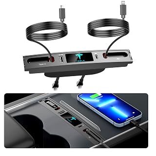 Car USB Charger Multi Port for 2021 2022 2023 2024 Tesla Model 3/Y,Multifunctional Tesla Accessories with Logo and Retractable Cable,Tesla USB hub,Gifts for Tesla Owners(Not fit Model 3 2024) - Amazon product rated Grade B