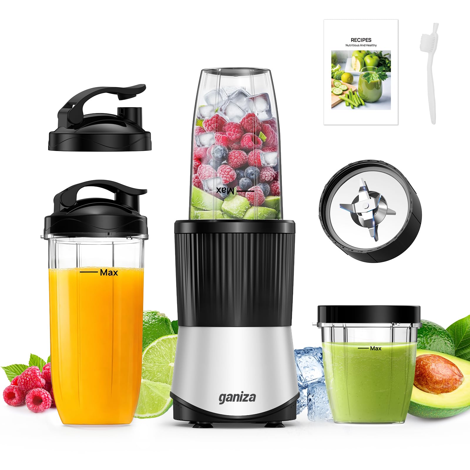Ganiza Batidora de Vaso, Minilicuadorade 900 W, 25 000 RPM, 3 Vasos Tritan para Llevar (300 ml, 500 ml y 700 ml), 4 Cuchillas Asimétricas, para todo tipo de Batidos y Smoothies ClimeCo Certified
