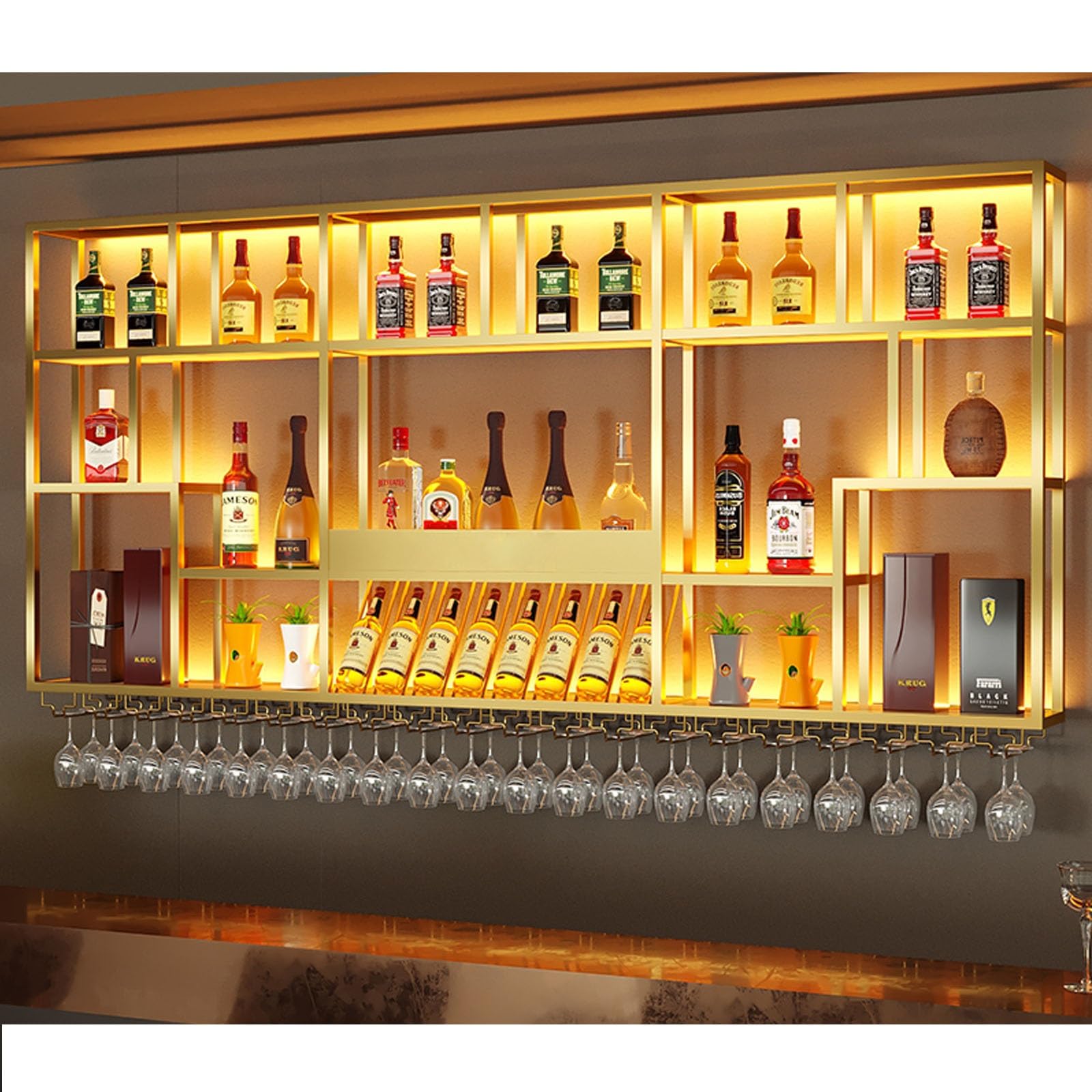 Support pour verres à vin et bouteilles mural pour optimiser les petits salons