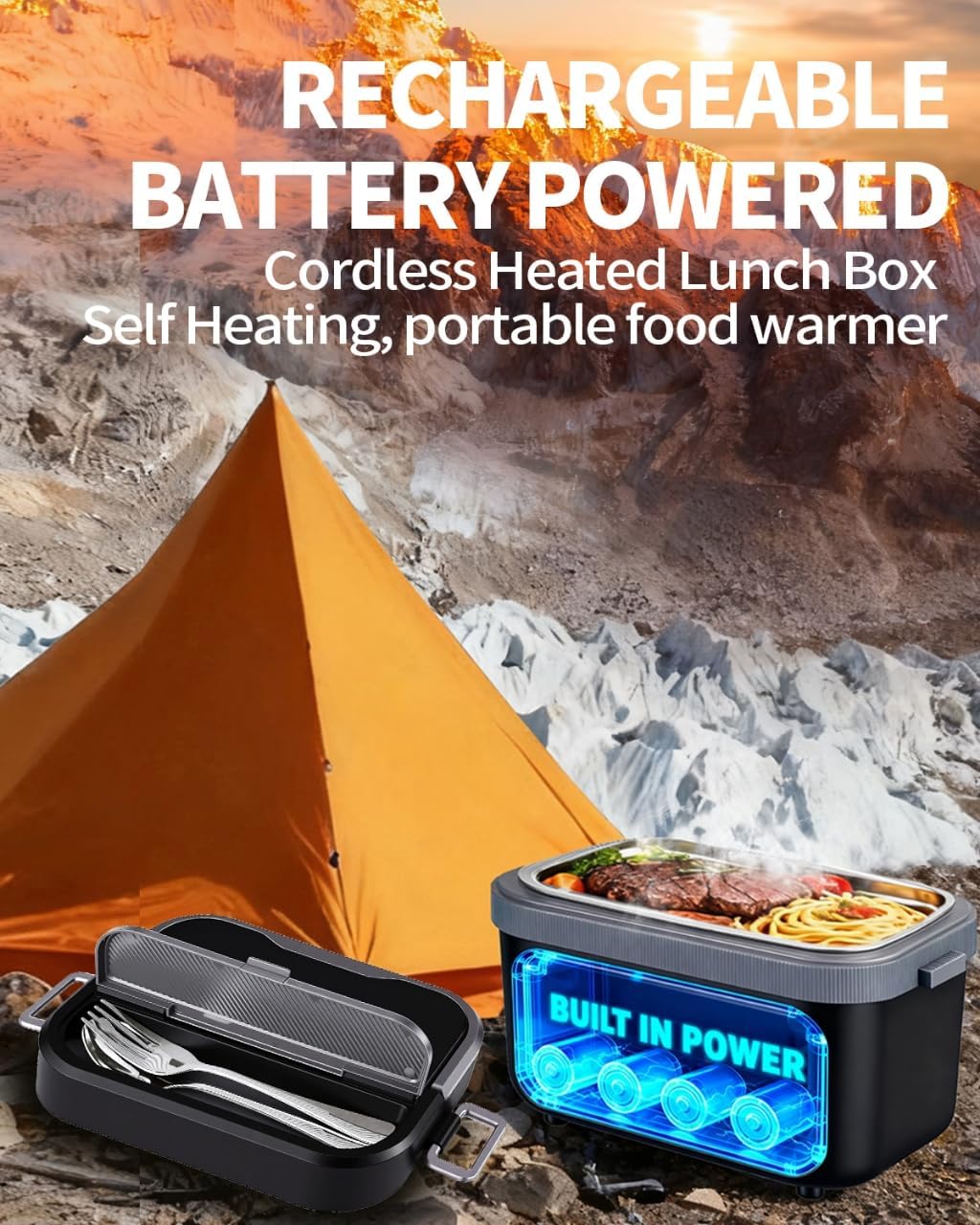 Electric Lunch Box For Adults(Men),Heated Lunch Box Battery Powered With USB Charge port,Self Heating Cordless,Portable Food Warmer lunch box For meals on the go(Black 1.4L) - Image 4
