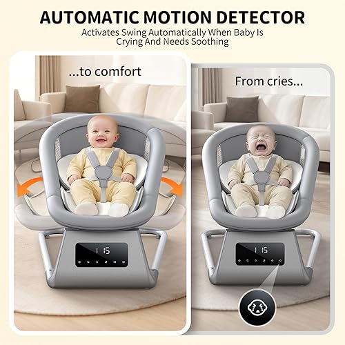 Miniatura 4 de Silla eléctrica del oscilación del bebé con pantalla digital, diseño moderno, blanco y gris