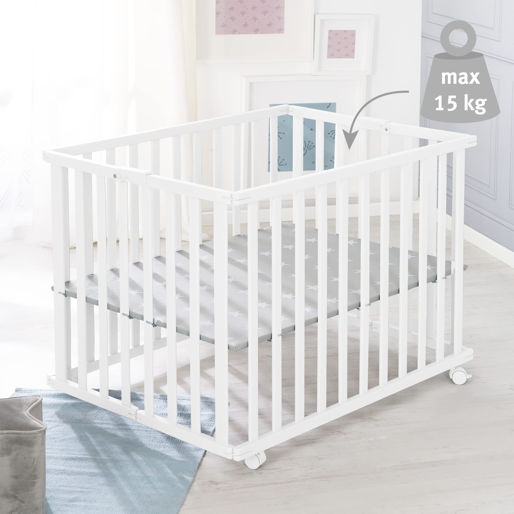 roba Parc Bébé Pliable en Bois 74 x 100 cm + Tapis de Parc Little Stars toilé Gris - Évolutif et Peu Encombrant - Hauteur Ajustable 2 Fois - 4 Roulettes à Freins - Laqué Blanc
