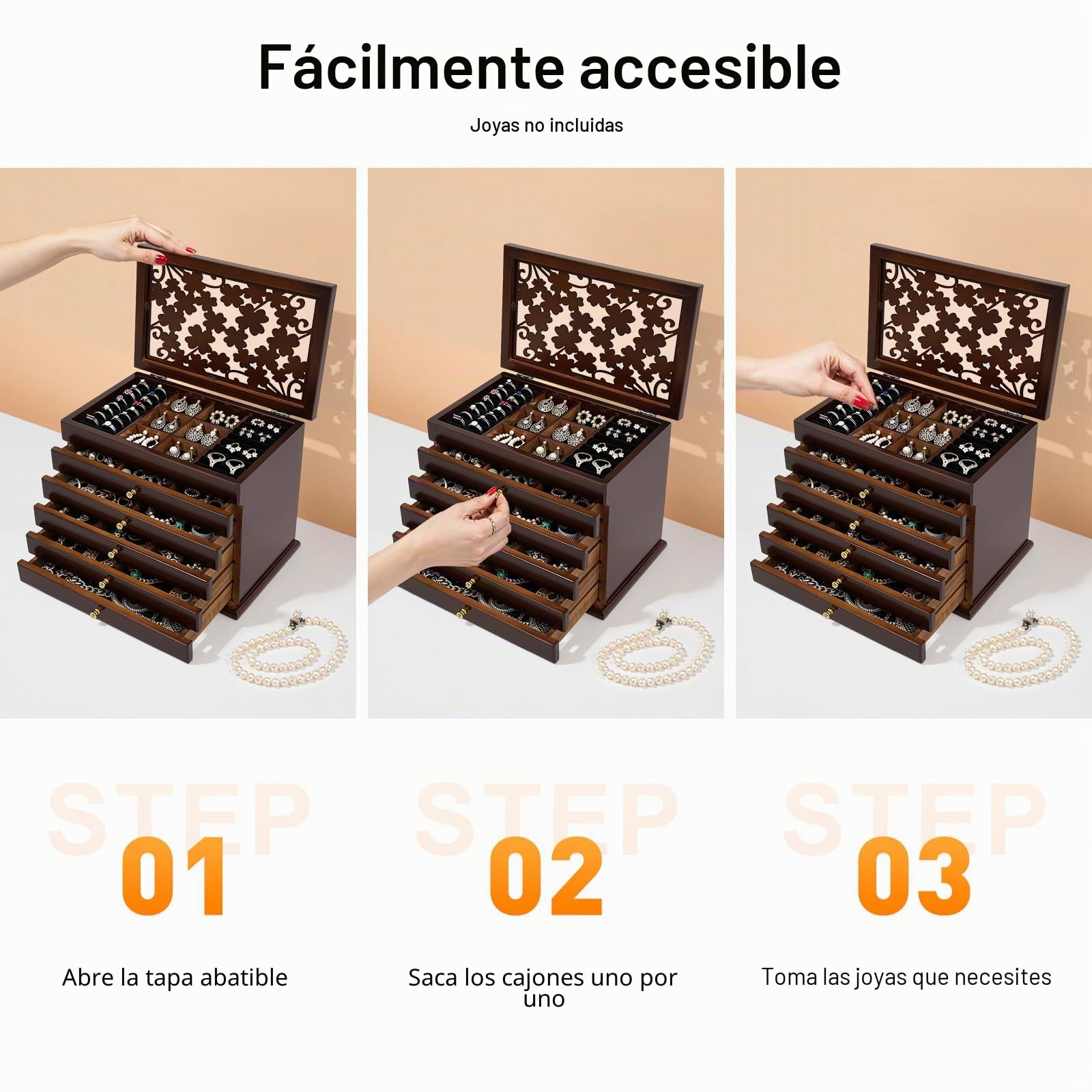 Joyero de madera grande con 6 niveles, caja de joyería con 5 cajones para anillos, pendientes, pulseras, collares, color marrón