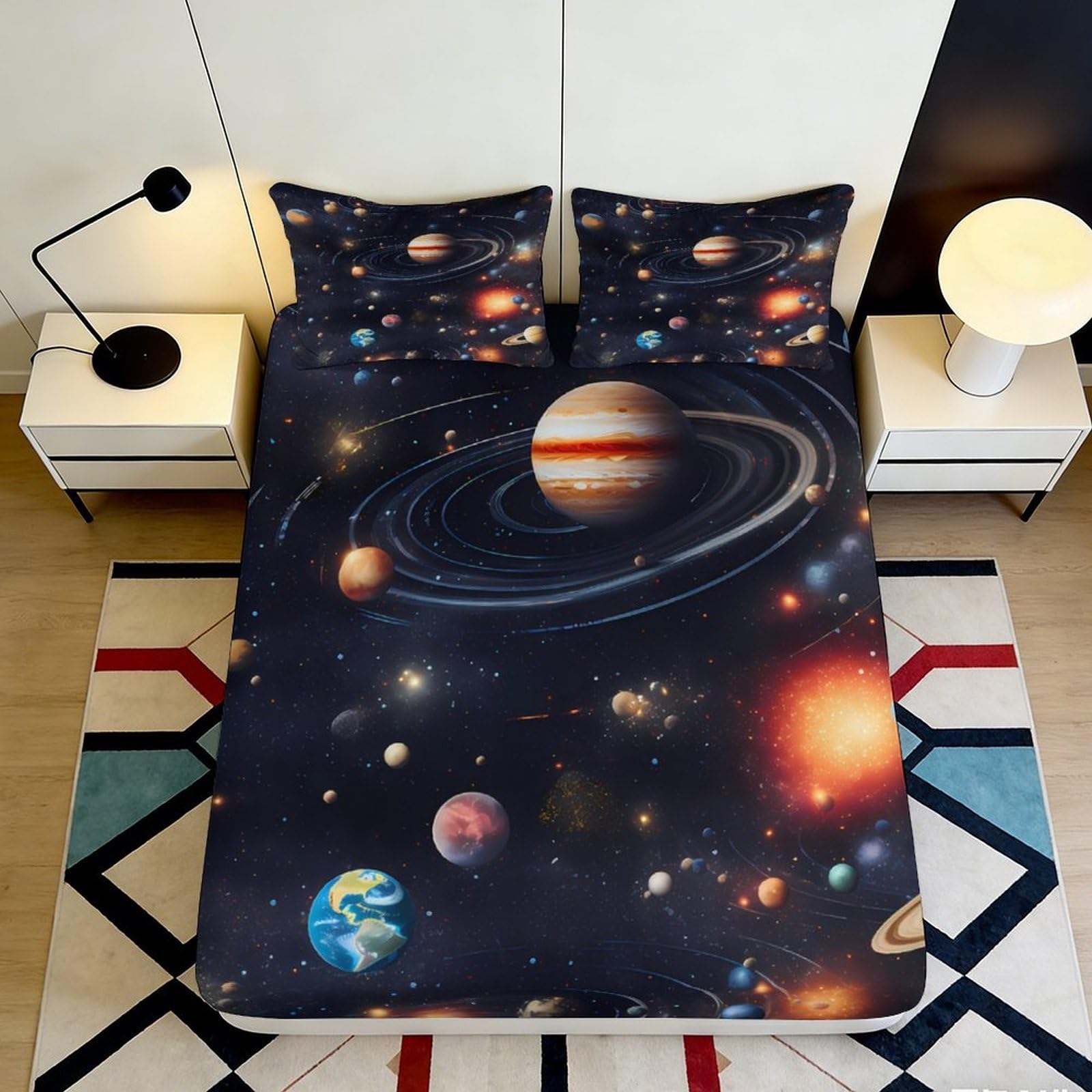 Pnayamiorkfel Style-2 3D Printed Solar System Fitted Sheet Microfiber Modern Universe Planet Bed Cover For Bedroom Guest Room Dorm Decor 90X200x25cm