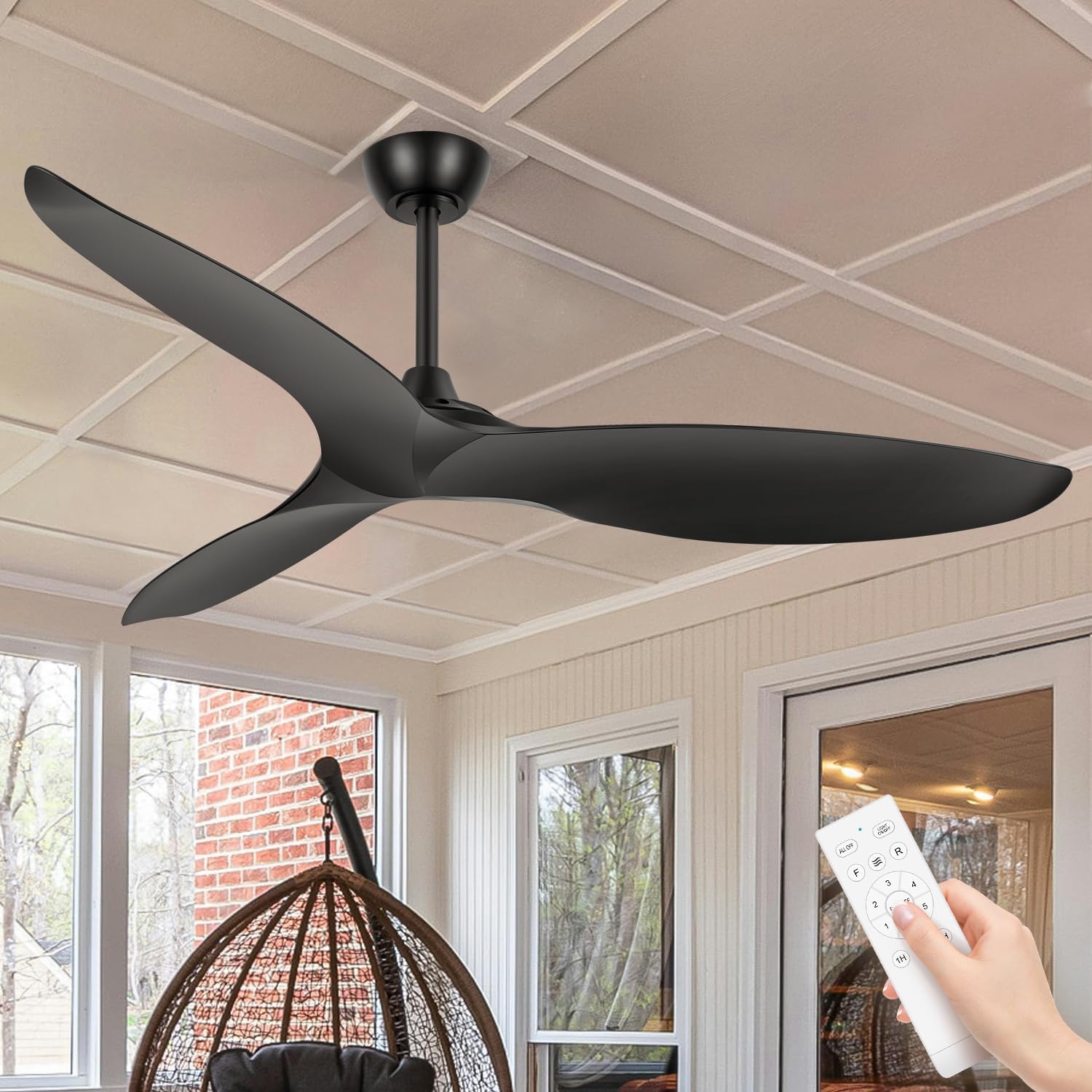 Black Ceiling Fan No Light, 56-Inch Indoor/Outdoor Ceiling Fan Remote Control without Light, 3-Blade, Industrial Black Ceiling Fan with 6-Speed Reversible DC Motor for Patio Farmhouse Office