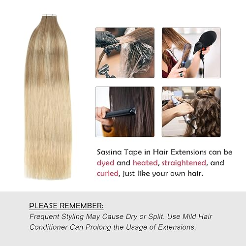 Miniatura 8 de Sassina Extensiones de cabello humano real con cinta invisible de 16 pulgadas, color castaño castaño a rubio platino, extensiones de cabello real