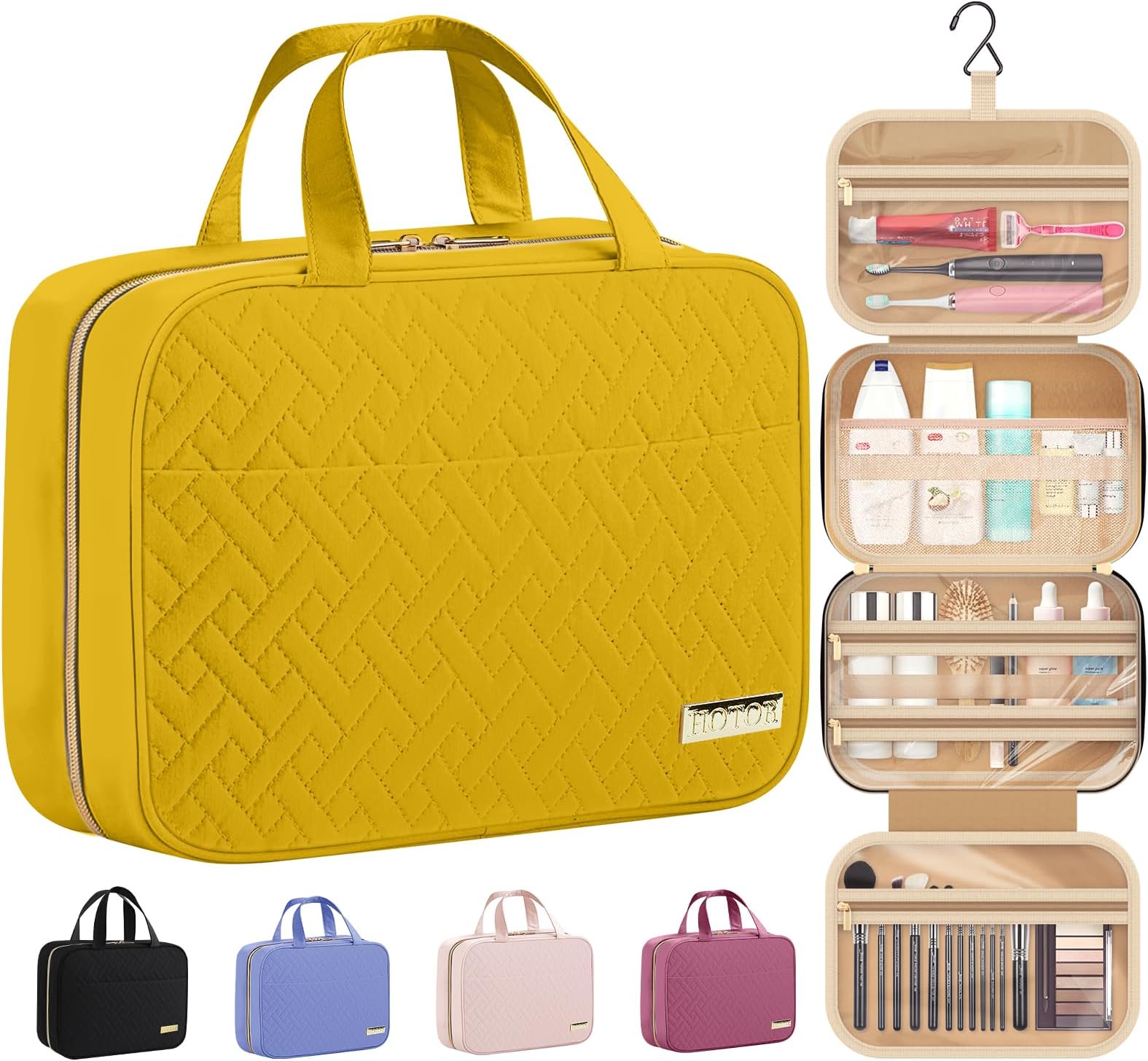 HOTOR Travel Toiletry Bag - Hanging Toiletry Bag for Women & Men, Makeup Bag/Big Comparment, Waterproof for Travel Accessories, Travel Essentials, Medium, Yellow