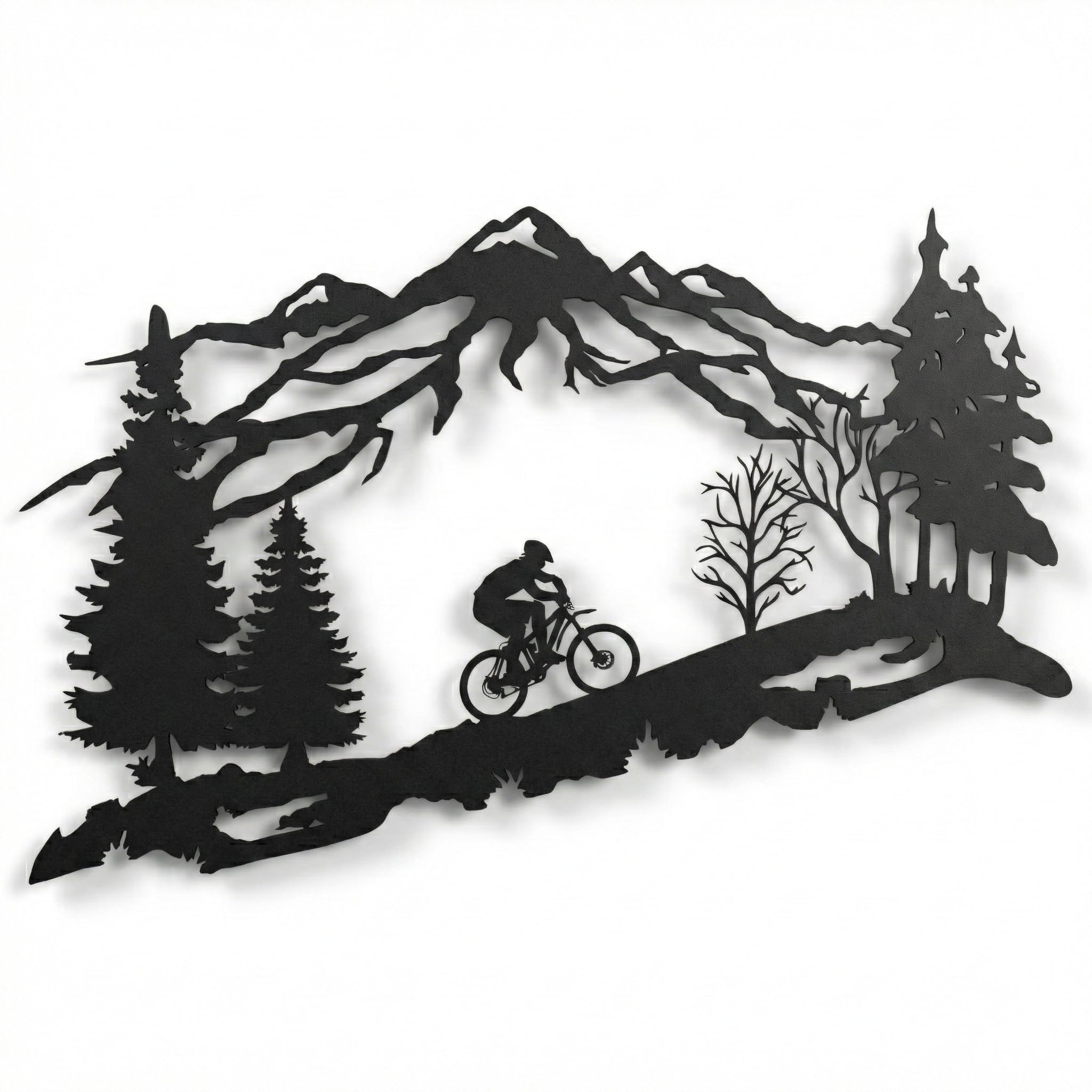 DEKADRON Metall-Biker-Wandkunst, Bergbaum und Radfahrer-Thema, Wandkunst, Metall-Wanddekoration, Fahrrad-Liebhaber, Geschenk, Heimdekoration, Wandbehänge (75 x 48 cm)