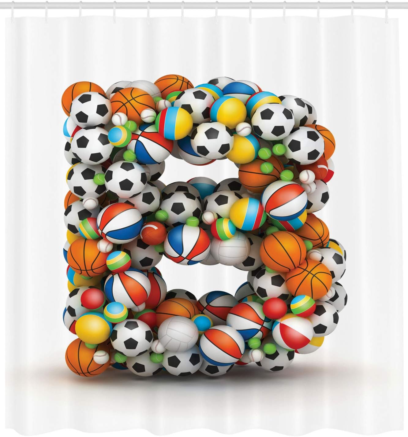 Ambesonne Letter B Shower Curtain, Tennis Volleyball Football Basketball Baseball Games Alphabet with Athletics Theme, Cloth Fabric Bathroom Decor Set with Hooks, 69" W x 75" L, Orange and Multicolor