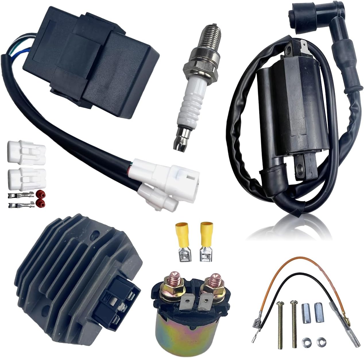 Ignition Coil Kit for Kawasaki Bayou 300 KLF300 1989-2004 KLF300B 1988-2004 Bayou 300 KLF300C with CDI Box Voltage Regulator Rectifier Starter Solenoid Relay Spark Plug
