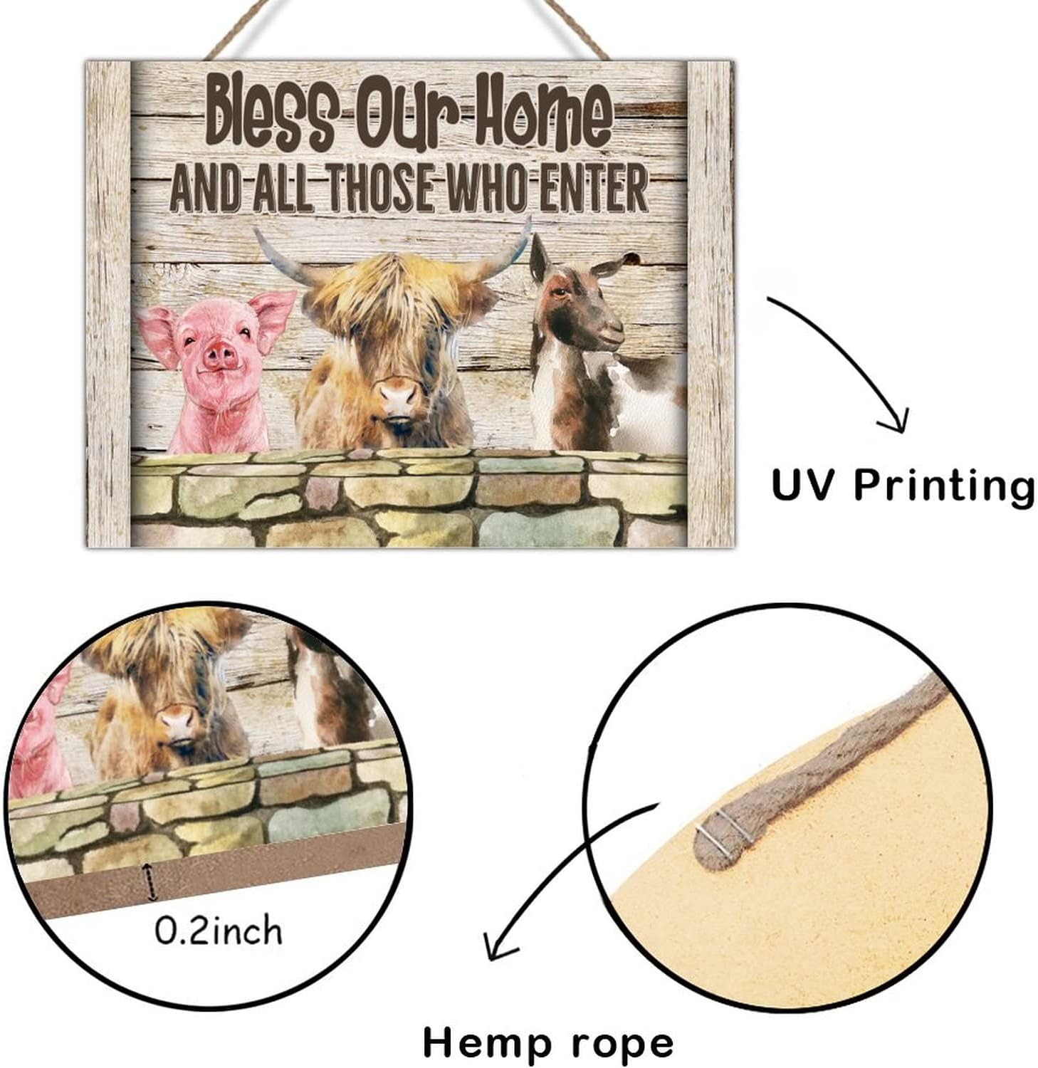 Wood Decor Sign Farmhouse Animal Pig Cow Sheep Sign Bless Our Home and All Those Who Enter Home Wall Art Plaques Rustic Farmhouse Wood Plaque Sign Wall Hanging 24x18in