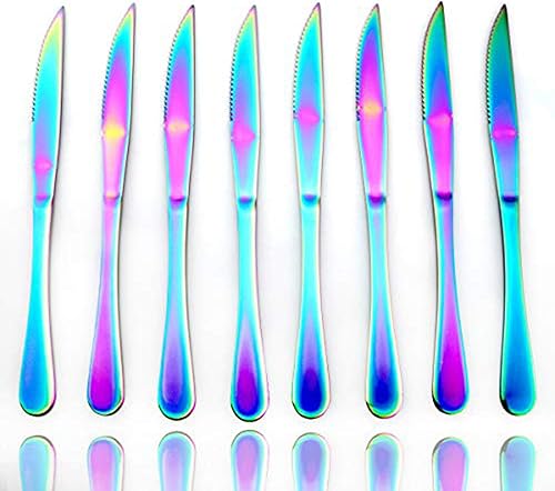 JASHII Modern Royal - Cuchillo para carne, 8 unidades, color arcoíris mate, acero inoxidable 18/10, utensilios de cocina, cuchillo de vajilla dentado